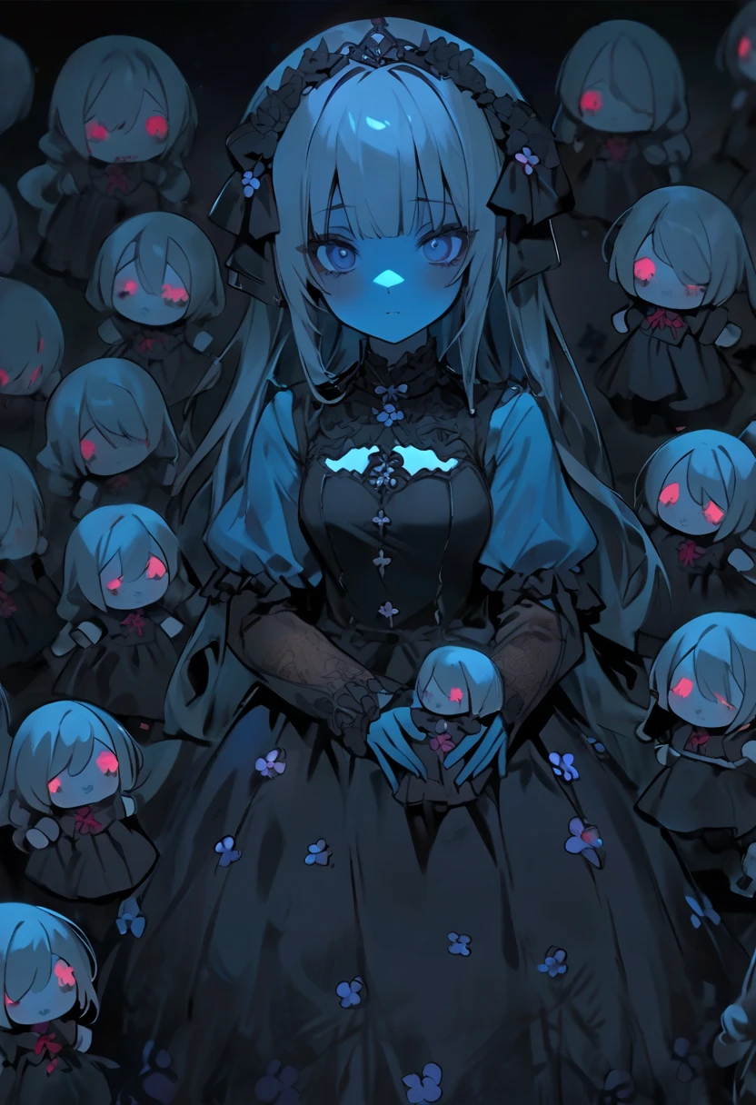 cute zombie princess。blue skin。There are lots of tiny zombie dolls around the seams。The background is a grave 。There are a lot of little zombie dolls around、 in the ward。 Dark 。