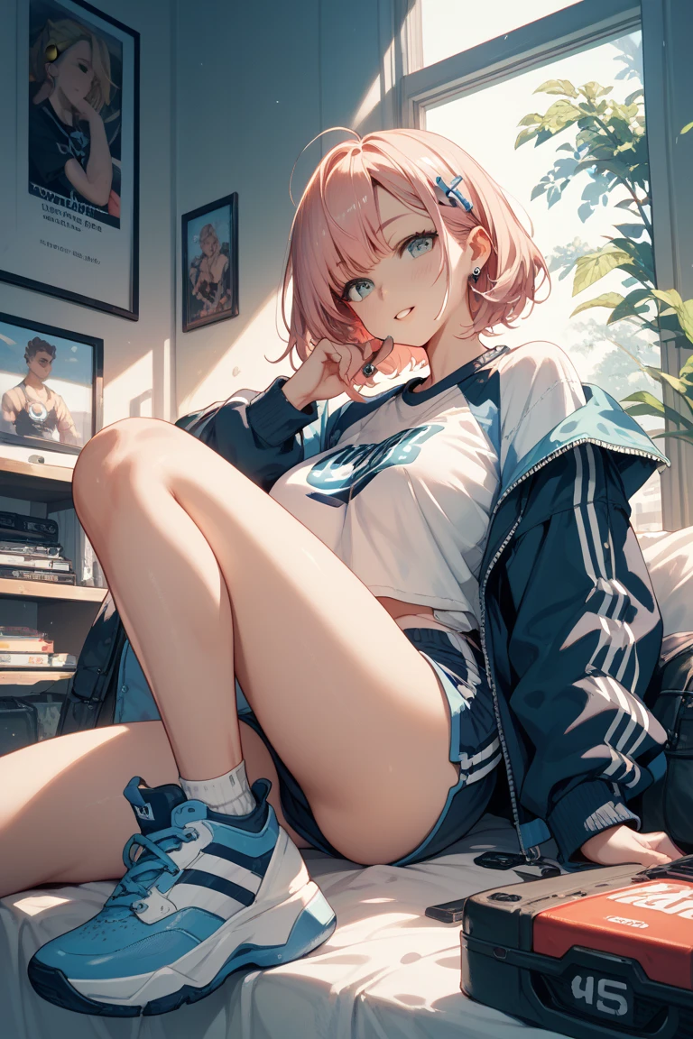 Masterpiece, highres, high Quality, at home, from back, lying on the couch, lying face down, head propped up,cameltoe, leggings, tank top, black hair, colored hair, pink hair, blue hair, tied up,