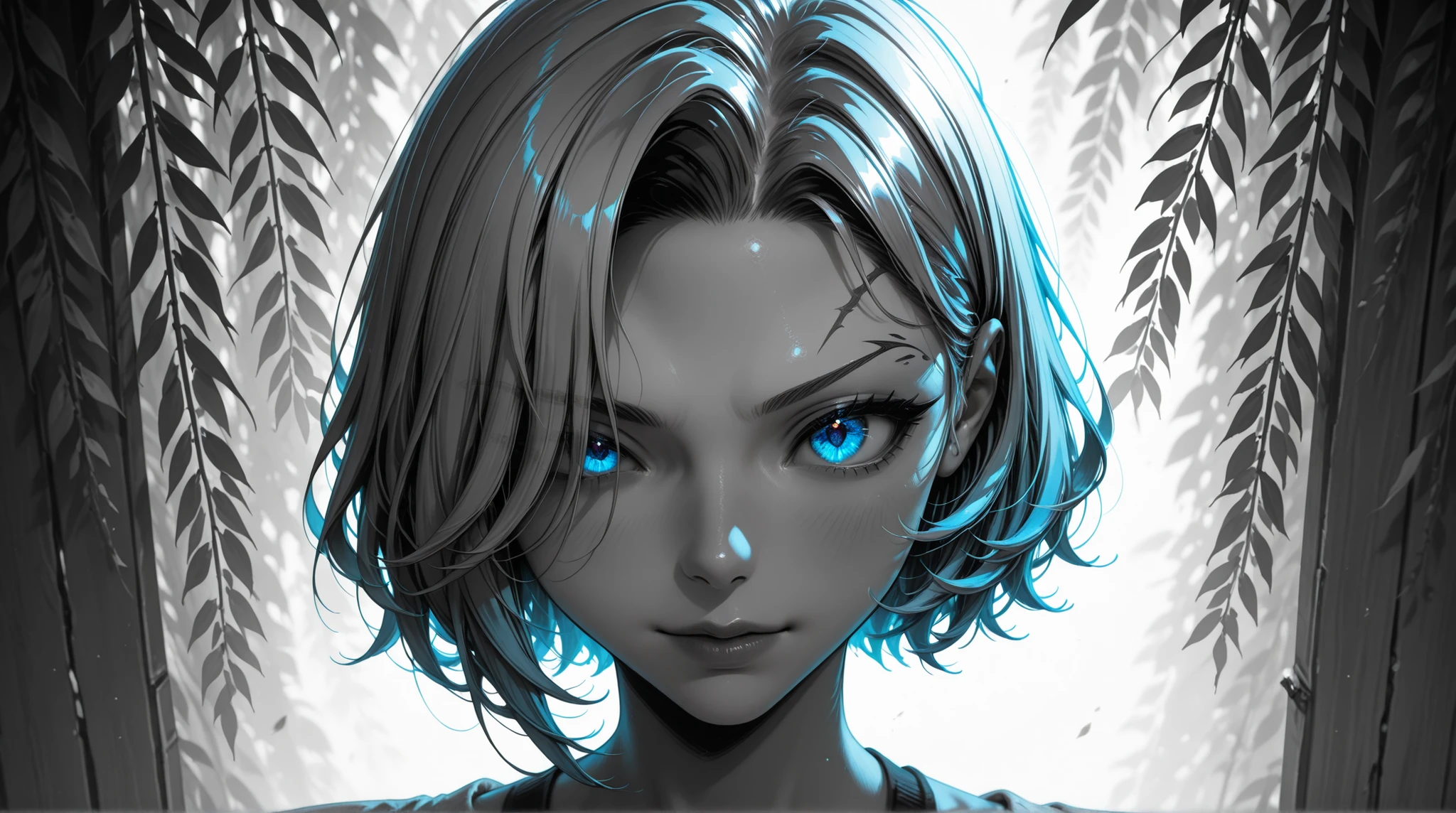 monochrome, Hiding one eye, short hair, sharp gaze, Willow Eyebrow, Sapphire Blue Eyes