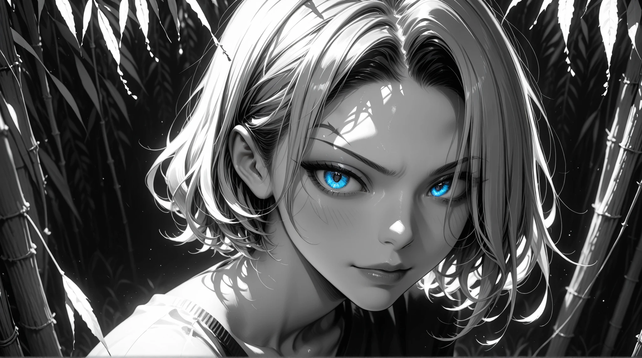 monochrome, Hiding one eye, short hair, sharp gaze, Willow Eyebrow,  Sapphire Blue Eyes