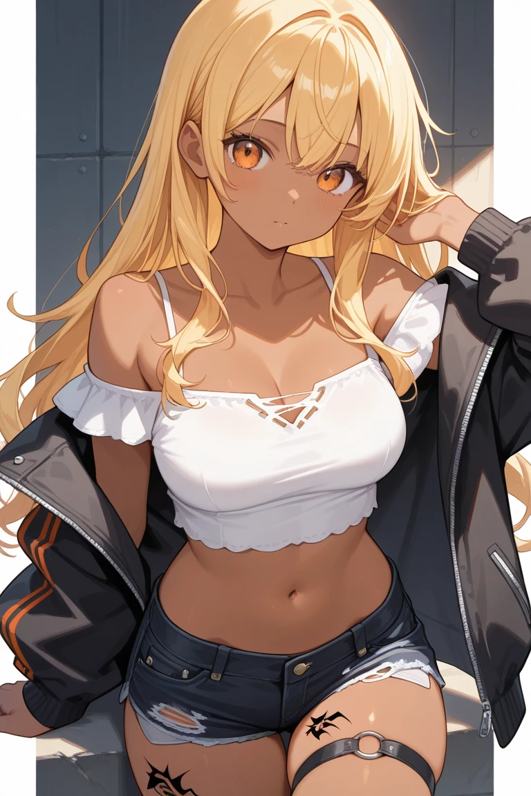 Beautiful girl, blonde, dark skin, T-shirt, jacket, stomach