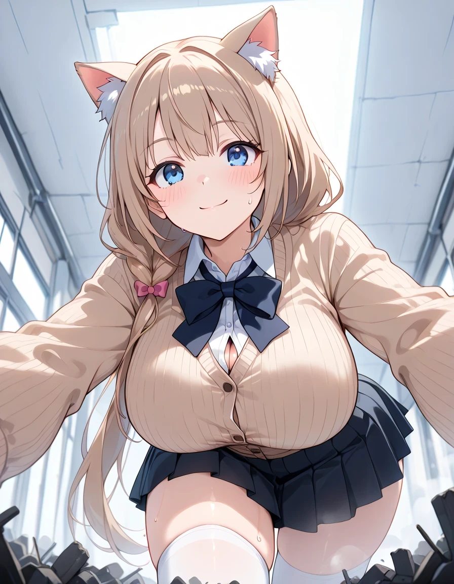 Super large、((masterpiece:1.2)), Best Quality, ultra high resolution, beautiful details hair details face, Perfect Feminine Face at Lily Flower Farm, beautiful details eyes, 8k, (finely details beautiful eyes and details face cg), (masterpiece, details:1.2), (anime), break, solo girl, light brown hair, long hair, fluffy hair, kakiage bang, (low ponytail hair, side ponytail), blue eyes, huge breasts, (curvilinear), very thick thighs, [wide hips, break, , white collared shirt to take off your pants, looking at black bowtie , brown sweater, INSIDE OUT SWEATER, black pleated skirt, white knee-high, To the Classroom , break, light smile, throw, look at the person watching, 視聴者に手を振るlooking up from below、(((Underwear ripped)))、壊れたビルの上にsit巨大な女の子、looking up from below、girl sits down、((((Chest Buttons Popping Off)))), A girl bigger than the city 、gold、STEP ON AND CRUSH THE HOUSE、the house was completely crushed and destroyed 、Maubica , ((( giant))), little woman, KARIL - PRINCESS CONNECT !:DIVE ANIMAZINE XL CAT EARS、 超huge breasts、 Embarrassing、 Medieval European town々 、Rubble Ruins、Sweat it out、Giantess、進撃の giant、sit、((showing underwear))、(((pee)))、5 dwarf villagers、blazers、loafers、Make a cute pose,white thigh high socks, squats , big butt ,I sweated,steam,butt close-up,