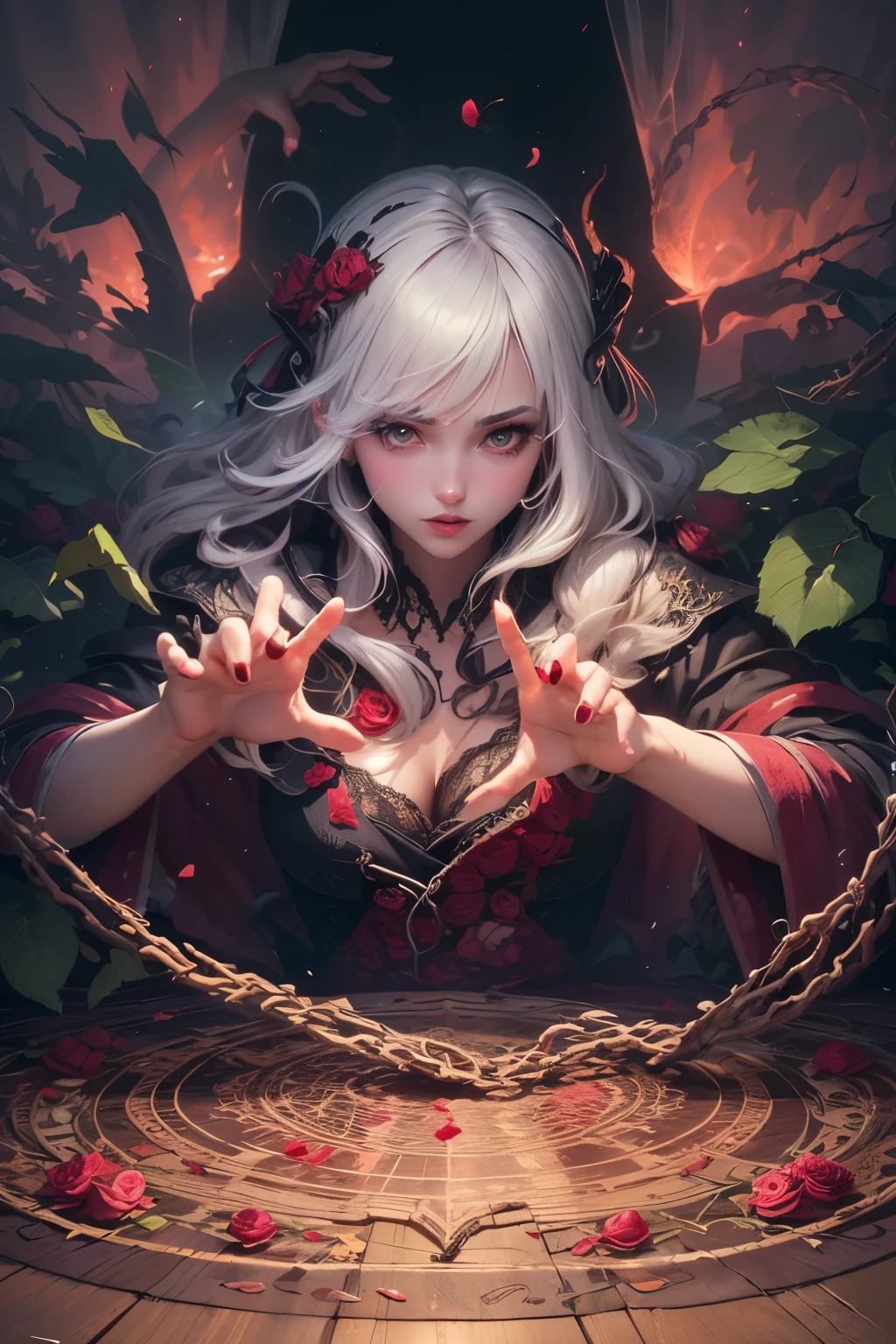 (Ultra-detailed face, Looking Away, Gothic Illustration, Dark Tone Colors.) , BREAK
(The reddish moon makes the roses glow with a deep crimson color. The park is modeled after an old-fashioned garden in the Romanesque architectural style of medieval Europe. Particles of red-colored glowing light are drifting all around.) , BREAK
(The queen of the crimson roses is gracefully twirling rose petals with both hands in bold poses and large movements. Speed Lines. She is surrounded by colorful roses and sharp thorny branches.) , BREAK
(The queen of the crimson roses wears a Venetian mask with a rose motif, mixed black and red hair and eyebrows, a crisp fringe, long wavy hair reaching to her hips, small rose lips, rosy eyes, light gray skin, and eyeliner.), and (She wears a net covering her neck and a shiny rose-colored bib necklace. She wears a classic medieval European-style lace-up dress of jet-black fabric embroidered with crimson roses. She wears rose-colored laced heels with thin rosy laces.)