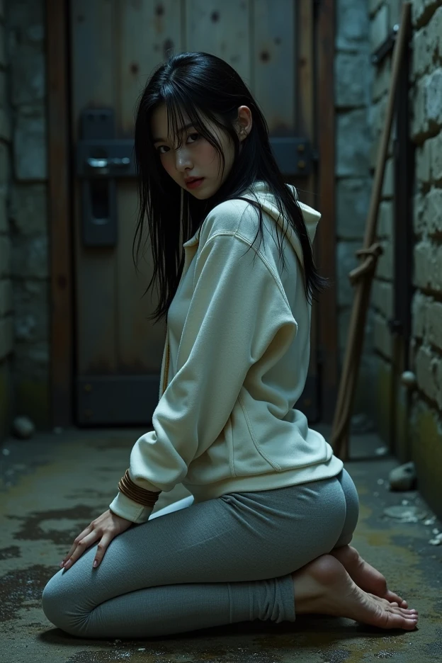 (masterpiece:1.5), (8k, Photorealistic: 1.4, RAW Photos, Best image quality: 1.4), Japanese Idols、Super detailed face、Attention to detail、Genuine、 double eyelid、Big and attractive eyes,Perfectly beautiful eyes、 Sharp focus:1.2、Beautiful woman:1.5、 Light brown hair、 Highest quality、masterpiece、Ultra-high resolution、Depth of written boundary、Perfect Shadow、(Photorealistic:1.4)、 Highly detailed and professional lighting、 Perfectly shaped、Symmetrical face、beautiful girl,Sharp focus, Perfect Anatomy,Moist eyes、Embarrassed face、blush、Glossy lips、Sweaty skin、Wet Skin、Realistic Light、business suit、His hands are hanging from the ceiling with a rope、Bound in chains、Hands raised high、Open legs、Crouching、Bow-legged、Sexy pose、(Full body image:1.6)、Accurate hands、Correct number of moves、Correct number of arms、The correct number of legs、Abandoned factories in Japan、Browsing Caution
