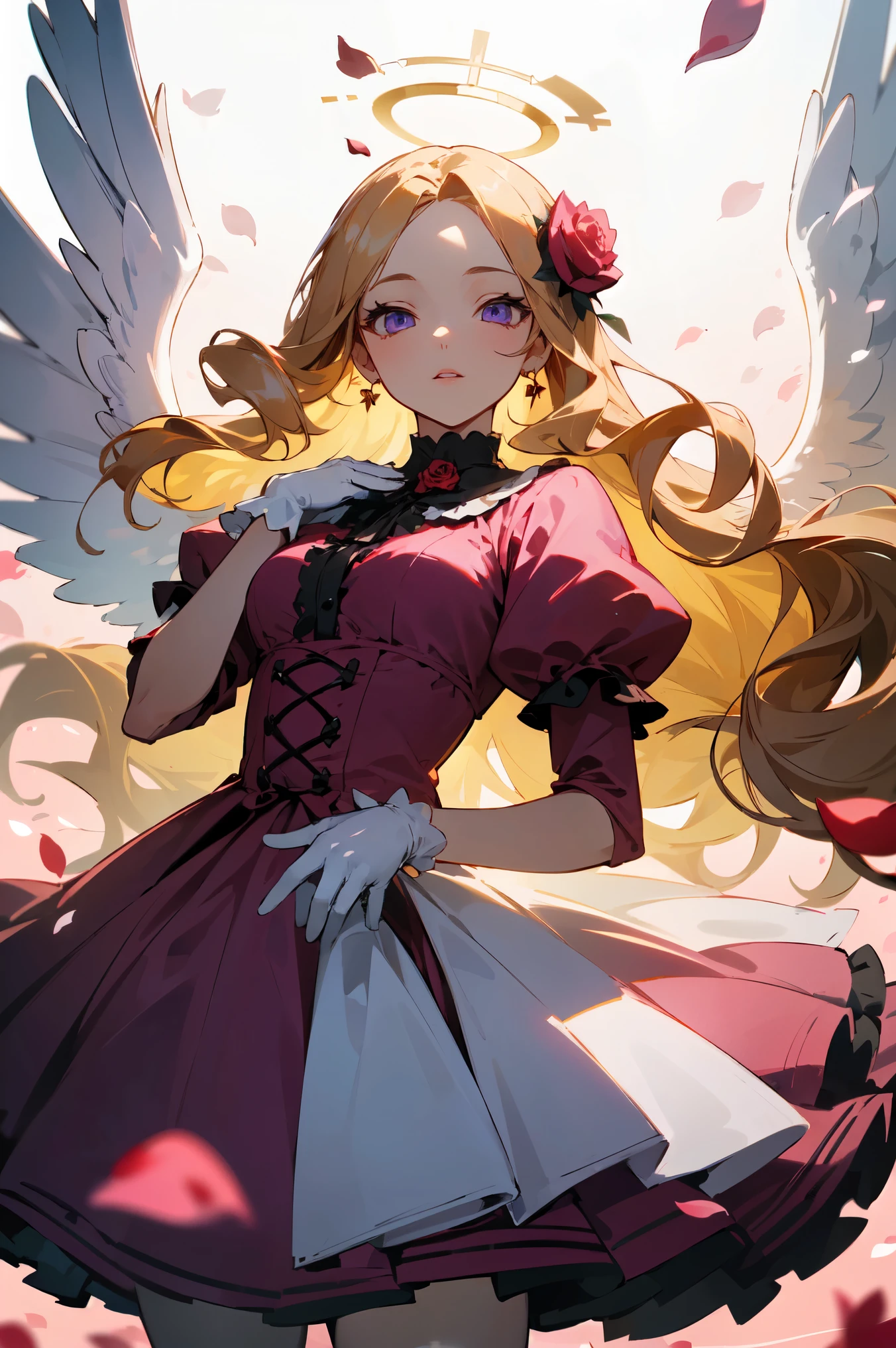(masterpiece, high detailed, best quality:1.3), (cowboy shot), portrait, dutch angle, looking at viewer, 1girl, beautiful, golden hair, very long hair, wavy hair, hair flowers, parted bangs, (floating hair), purple eyes, beautiful eyes, pretty lips, (lolita fashion), (pink dress), white gloves, angle wings, white wings, golden halo, standing, (arms behind back), ((rose petals, falling petals)), rose background, (sparkling, ray of sunlight), soft lighting, vibrant light, fbokeh, depth of field, absurdres