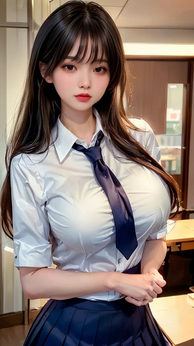 On a table, Best quality, 8K, 1 super beautiful woman, beautiful boobs, white shirt, a blue tie, pleatedskirt, F, ssmile、Perfect balance、Perfect style、