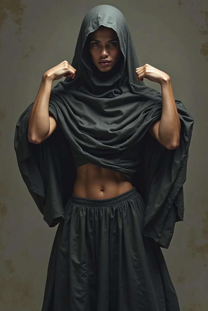 A veiled Arab girl shows off her big round butt and her slim, shapely waist, wearing a brown abaya.