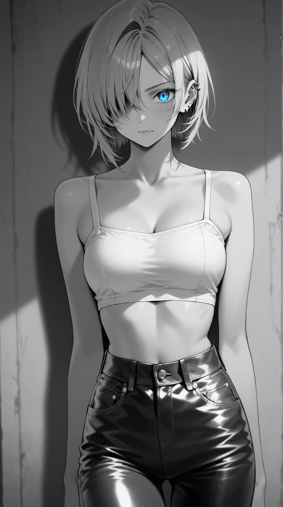 Beautiful 20yr old girl, short hair and bangs, detailed, toned body,  femme fatale, Noir et blanc, monochrome, wearing black sexy underwear 
