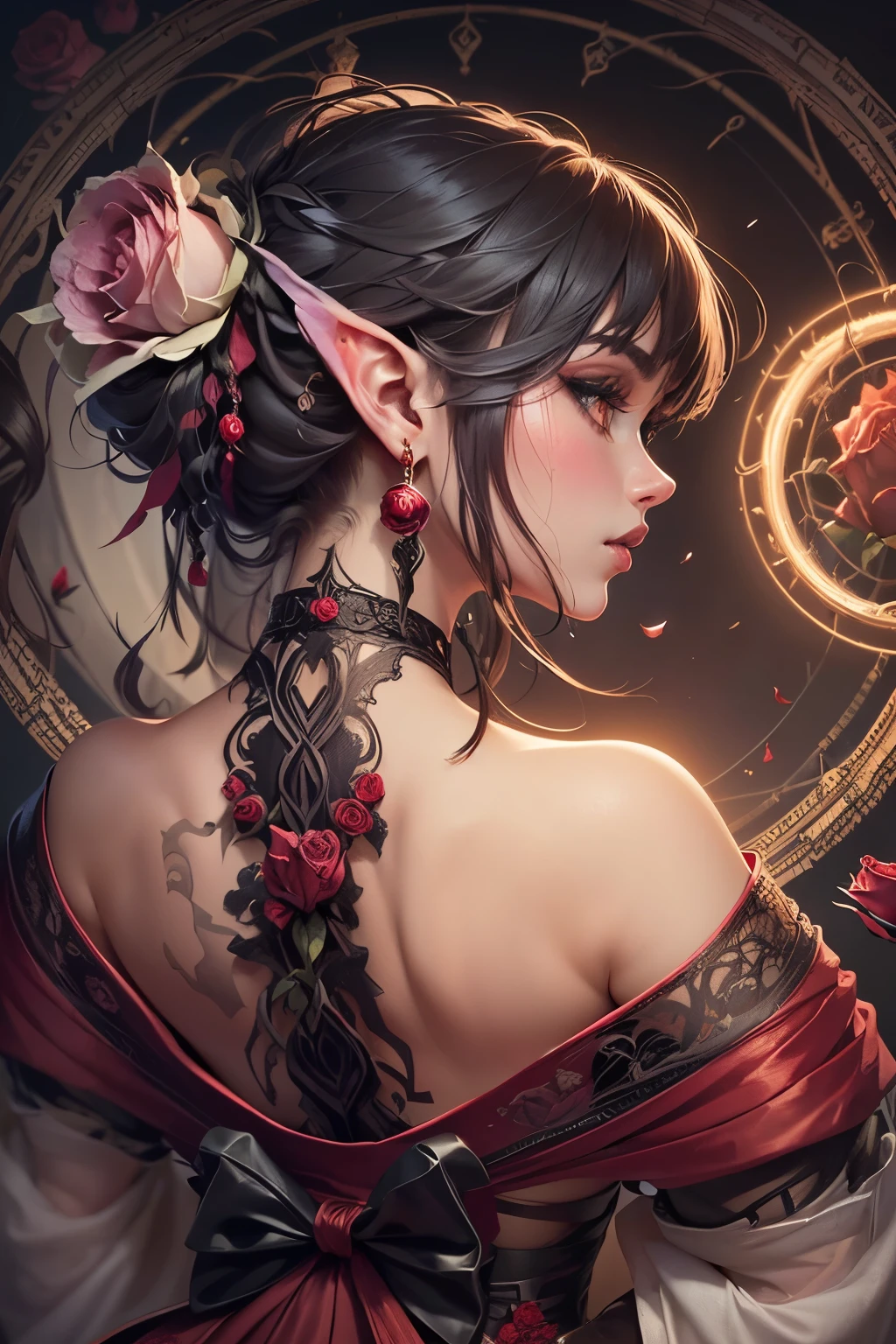 (Ultra-detailed face, Looking Away, Gothic Illustration, Dark Tone Colors.) , BREAK
(The reddish moon makes the roses glow with a deep crimson color. The park is modeled after an old-fashioned garden in the Romanesque architectural style of medieval Europe. Particles of red-colored glowing light are drifting all around.) , BREAK
(The queen of the crimson roses is gracefully twirling rose petals with both hands in bold poses and large movements. Speed Lines. She is surrounded by colorful roses and sharp thorny branches.) , BREAK
(The queen of the crimson roses wears a Venetian mask with a rose motif, mixed black and red hair and eyebrows, a crisp fringe, long wavy hair reaching to her hips, small rose lips, rosy eyes, light gray skin, and eyeliner.), and (She wears a net covering her neck and a shiny rose-colored bib necklace. She wears a classic medieval European-style lace-up dress of jet-black fabric embroidered with crimson roses. She wears rose-colored laced heels with thin rosy laces.)