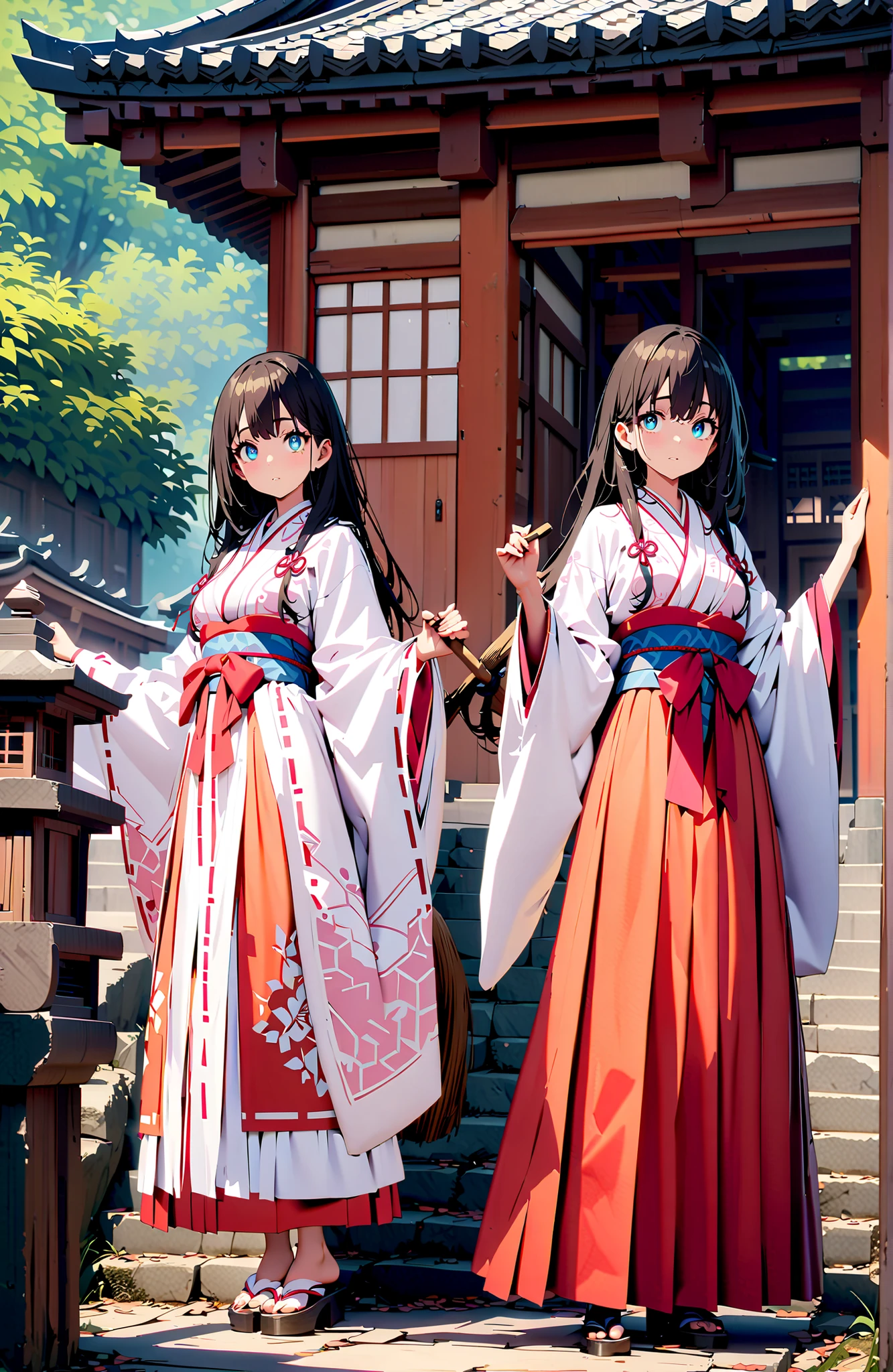 It's because of Rikkata, black hair with a young pattern, blue eyes, long hair , Orange wrist scrunch, Shrine maiden, kimono, object, Red Hakama Skirt , Wide Sleeves, long sleeve, ribbon trim sleeve,holding a broom grip with both hands,cleaning, standing on a stone staircase,noon,full bodyがillustrationsに入るように,break outdoors, shrine,
break looking at viewer,full body,
break (masterpiece:1.2), Best Quality, high resolution, Unity 8k 壁紙, (illustrations:0.8), (beautiful detailed eyes:1.6), very detailed face, so that it fits into the illustration, Extremely Detailed CG, (perfect hand, perfect anatomy),