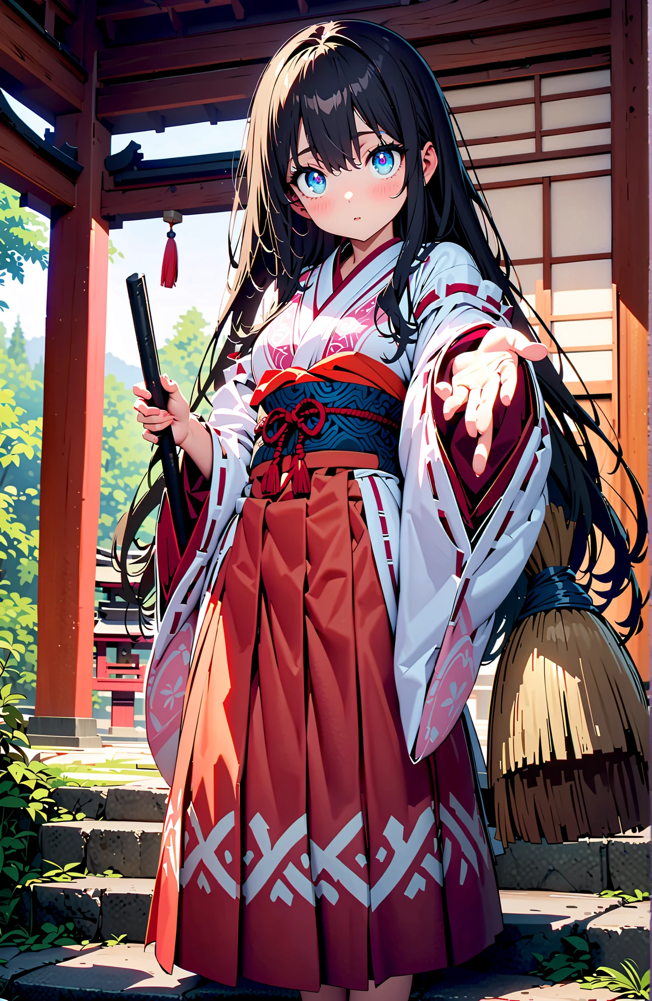 It's because of Rikkata, black hair with a young pattern, blue eyes, long hair , Orange wrist scrunch, Shrine maiden, kimono, object, Red Hakama Skirt , Wide Sleeves, long sleeve, ribbon trim sleeve,holding a broom grip with both hands,cleaning, standing on a stone staircase,noon,full bodyがillustrationsに入るように,break outdoors, shrine,
break looking at viewer,full body,
break (masterpiece:1.2), Best Quality, high resolution, Unity 8k 壁紙, (illustrations:0.8), (beautiful detailed eyes:1.6), very detailed face, so that it fits into the illustration, Extremely Detailed CG, (perfect hand, perfect anatomy),