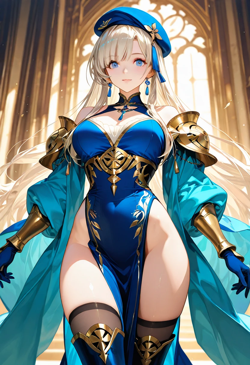 long blonde hair, colored skin, brown skin, blue eyes, solo, smiling, standing, upper body, hips, gigantic breasts, black clothes, cleavage