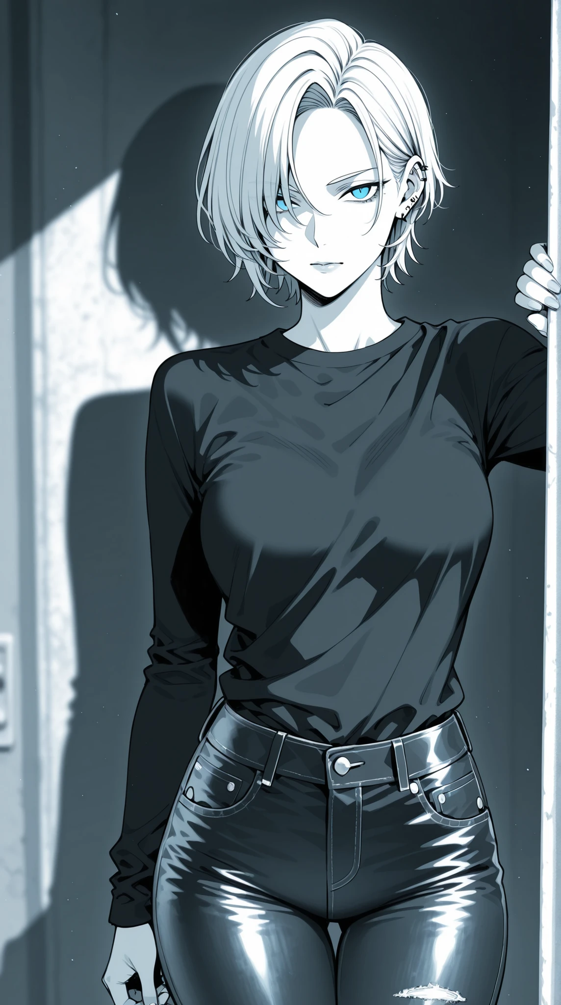 monochrome, female, Hiding one eye, short hair, sharp gaze, piercing, Sapphire Blue Eyes, Leather jeans