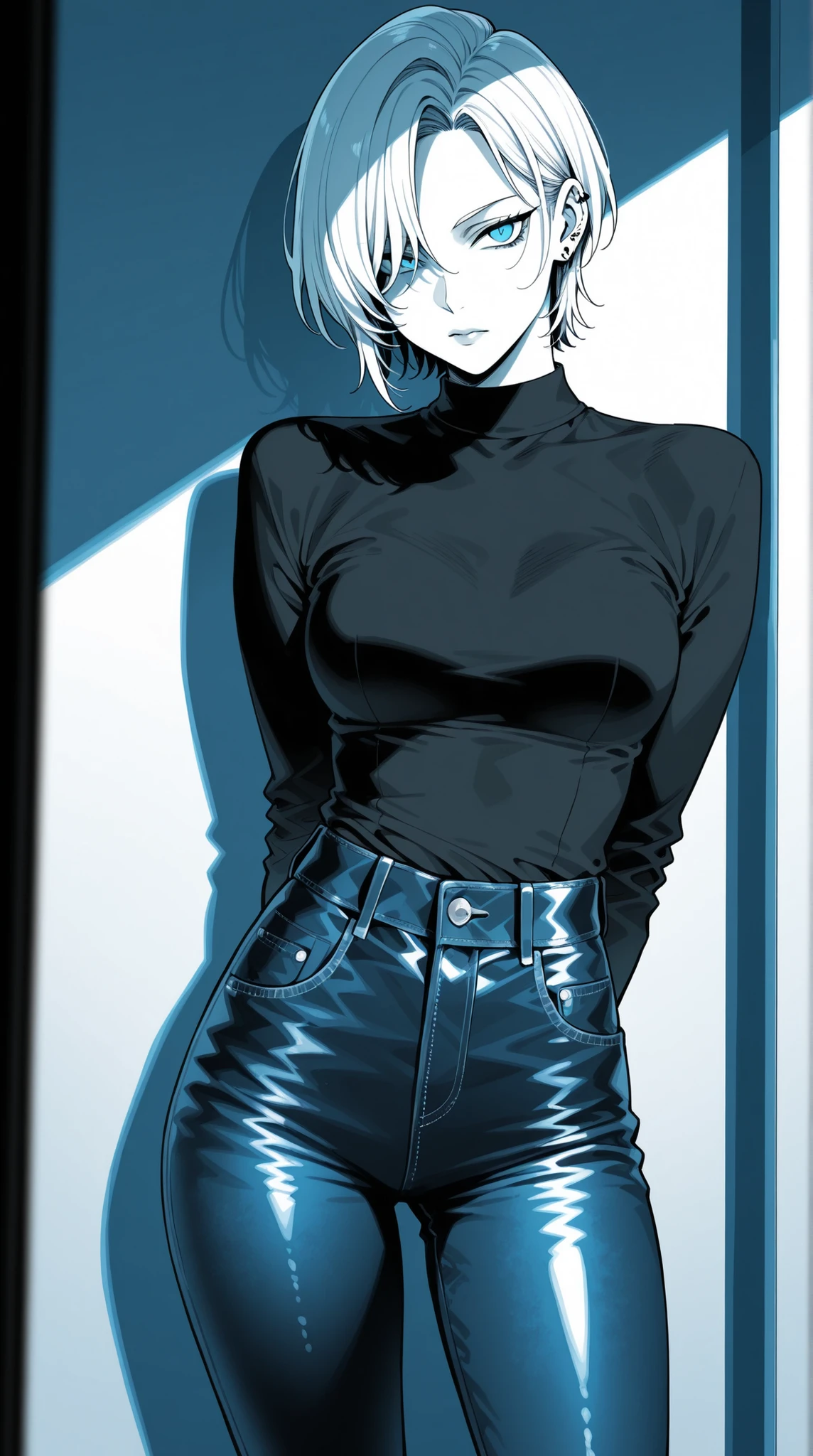 monochrome, female, Hiding one eye, short hair, sharp gaze, piercing,  Sapphire Blue Eyes, Leather jeans