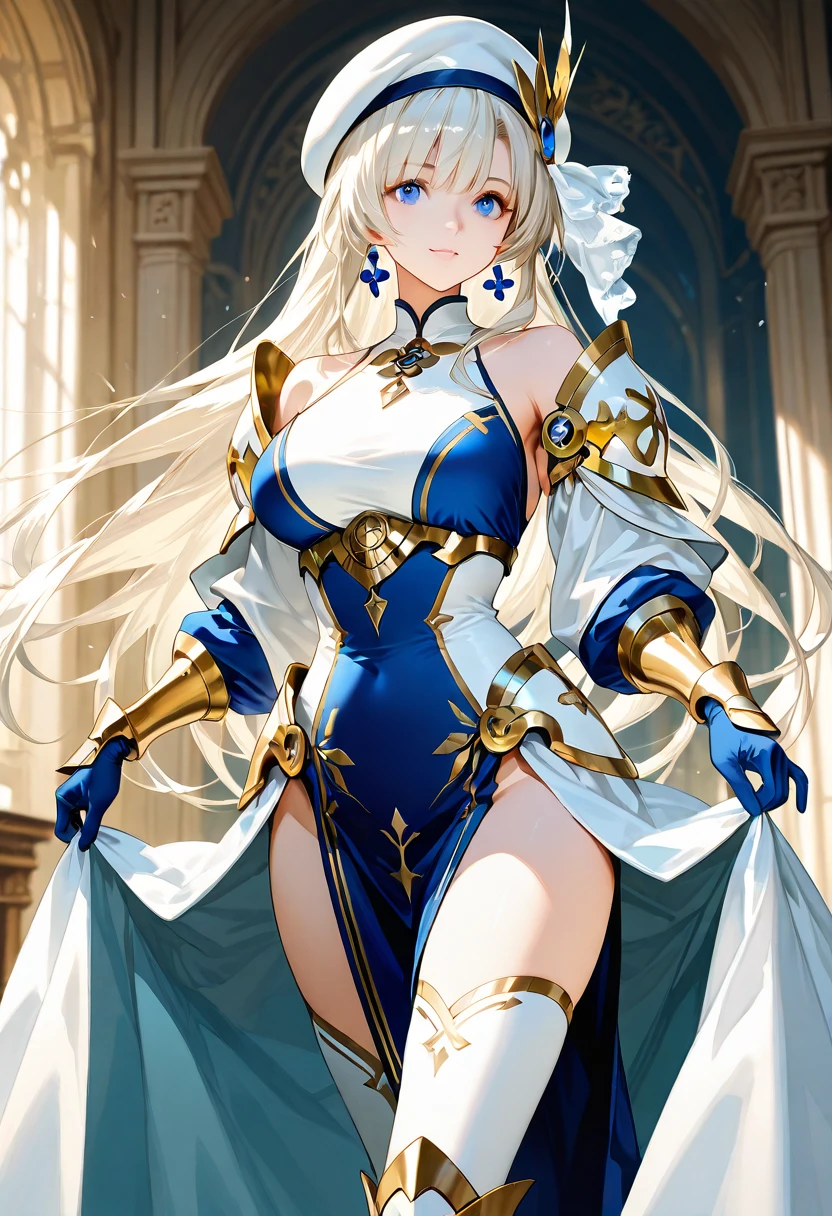 (original),(very detailed wallpaper),very detailed illustrations,(1 Girl),beautiful eyes,(delicate face),perfect detail,large breasts,(best lighting),(super complex detail),4K Unity,(super detailed CG:1.2),(8K:1.2),lifelike, (masterpiece), (best quality), (ultra detailed background), (ultra detailed face), beautiful face, perfect face, slim waist, stunning figure, one girl, long hair, (white hair), ((long right bang)), ((asymmetrical hair)), blue eyes, white sleeves, white skirt, (black stockings), blue sky, clouds, post apocalypse concept, on top of a ruin, (extremely high details), (((long blue dress))), knightly attire, warrioress, (shining eyes), (fantasy breastplate), (breast plate), light armor, (bare shoulders), standing, sword maiden concept, untied hair, ((blue and white dress with gold accents)), ornamental wrist armor, medium breasts, sun on horizon, daytime, fierce pose, battle ready pose, earrings, looking at viewers, (dominant blue dress with white patterned accents), (holding a high detailed shining long sword)
