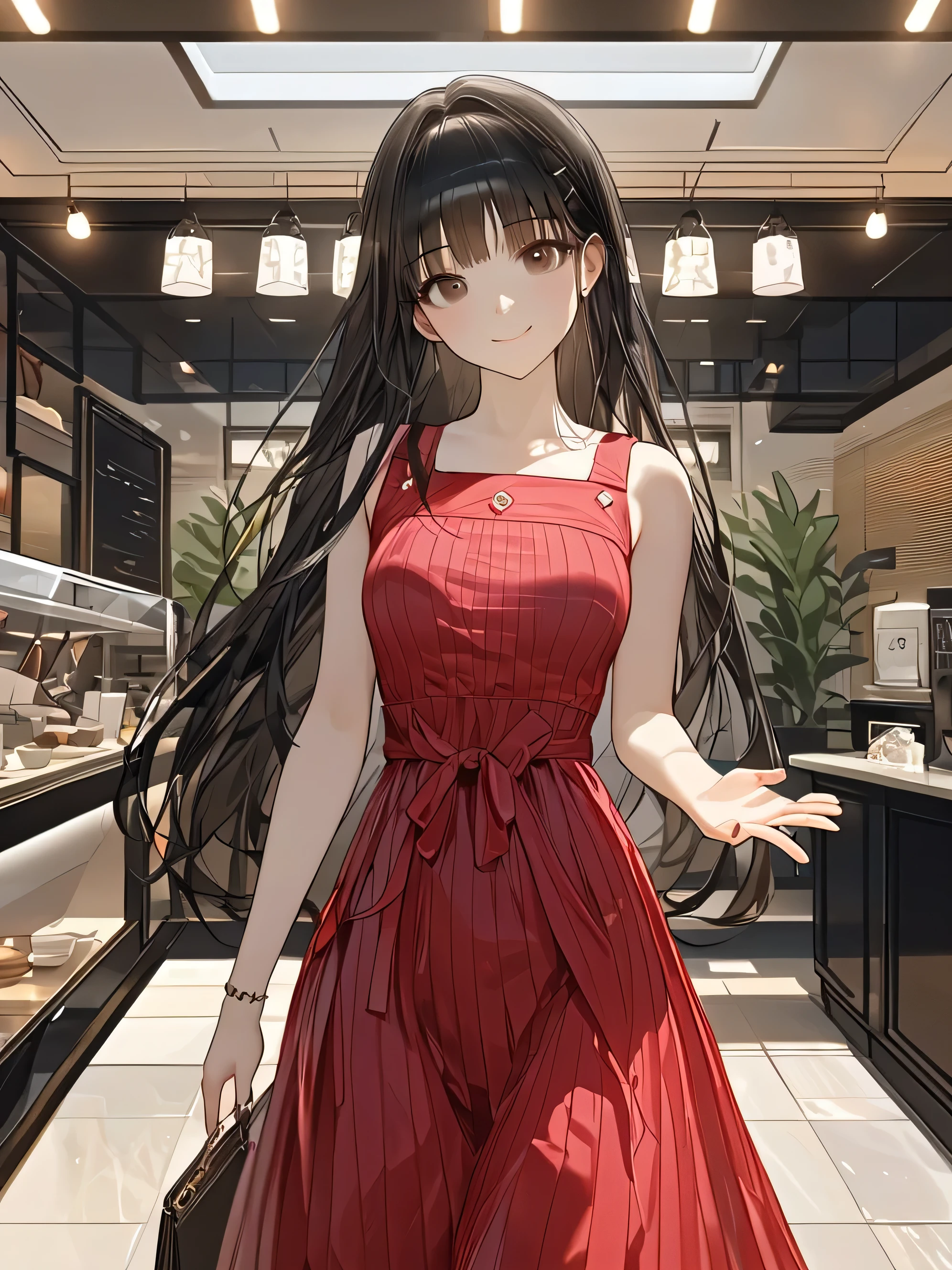 ((Raise your hand to greet:1.uper beautiful girl、high resolution, quality, very detailed, ((Fashionable fall outfits))、long black hairー、Stylish cafe interior、(((woody like:1.3)))、masterpiece, anatomically correct, accurate, have won many awards, 最高quality, Details, 高いDetails, (((Autumn Clothes)))、(masterpiece, top quality, Very Beautiful、complicated、4K、 illustration ),(cowboy shot)、(Smile lightly),(cute)、(Attractive)、(Ethereal and beautiful),(head tilt),( slim),precise details, girl,solo,(晴れやかで穏やかなgirl)、long black hair 、ultra high definition, textured skin,  , High Definition Model, 
