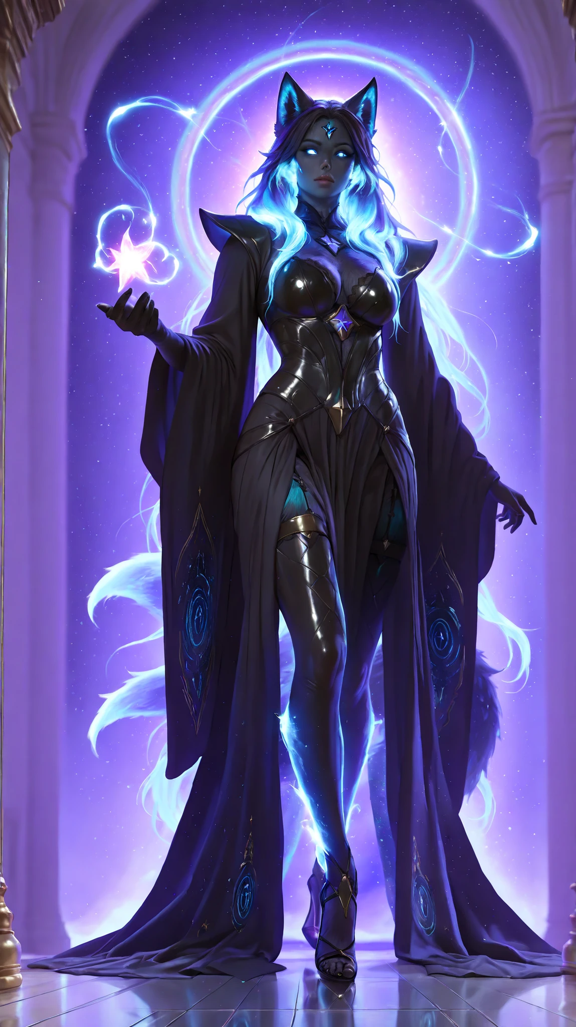 (best quality, 128k, highres, masterpiece:1.2), ultra-detailed, (realistic, photorealistic, photo-realistic:1.37), ((masterpiece)) ((photography)) ((Highest quality)) full-body photo of a Galactic furry style black fox Goddess, anthropomorphic celestial vixen with shimmering obsidian fur, glowing eyes like stars, wearing futuristic goddess leather and lace lingerie and opened robe with cosmic patterns, floating in a galaxy full of nebulae and constellations, ethereal light effects, ultra-detailed, fantasy-scifi fusion style, wearing stiletto heels made of crystalline stardust and dark metal, toes elegantly positioned, the floor beneath is a transparent, glowing energy platform swirling with cosmic light trails and star fragments