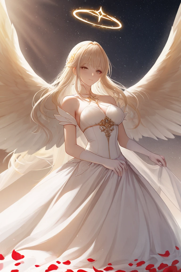 an extremely delicate and beautiful girl with golden pupil, Holy, intricate detail, amazing quality, (masterpiece), (high quality), wallpaper 8K CG, high resolution, extremely detailed, photorealistic, beautiful detailed, full body, best detailed girl, depthoffield, mount the cloud and ride the mist, beautiful detailed fullbody, Perfect body, single human girl, detailed long hair, dynamic hair, long bangs, gold hair.lace, streaked hair, beatiful detailed hair, super fucking beautiful, grin, gorgeous detailed eyes, Slightly open mouth, human hands, medium chest circumference, slim legs, beauty detailed eye, Smooth skin, wave at the edge of dress, angel halo, gem necklace, angel wing, Exquisite cloth, white silk Clothes, volumetric lighting, grand space, delicate background, holy, complex details,