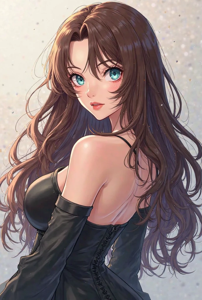 beautiful girl, 18 years ((Appearance: green eyes, long slightly wavy hair, brown-haired, slim waist, Narrow hips, 2 bust size )) (( style: anime, 2d )) (( quality: beautiful light, 16k Wallpaper, cinematogram )) (( Camera: 0.6 fov ))