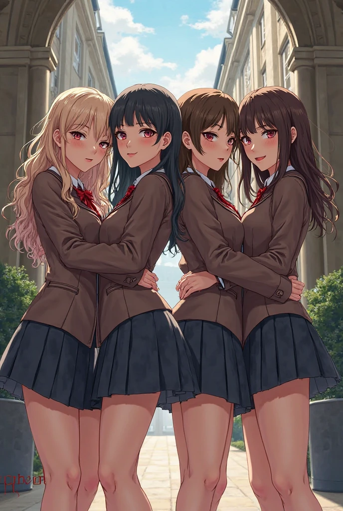 perfect anime illustration, masterpiece, teenage girls, medium breasts, multiple girls, millions of sisters, thousands of sisters, (((blonde girls, brown haired girls))), same age sisters, rich sexy schoolgirls, brown hair, blonde hair, curly hair, long hair, different hair colors, hazel eyes, smiling, white skin, (((red school uniform, white thigh high socks, black high heels))), matching outfits, highres, full body, crowd of sisters