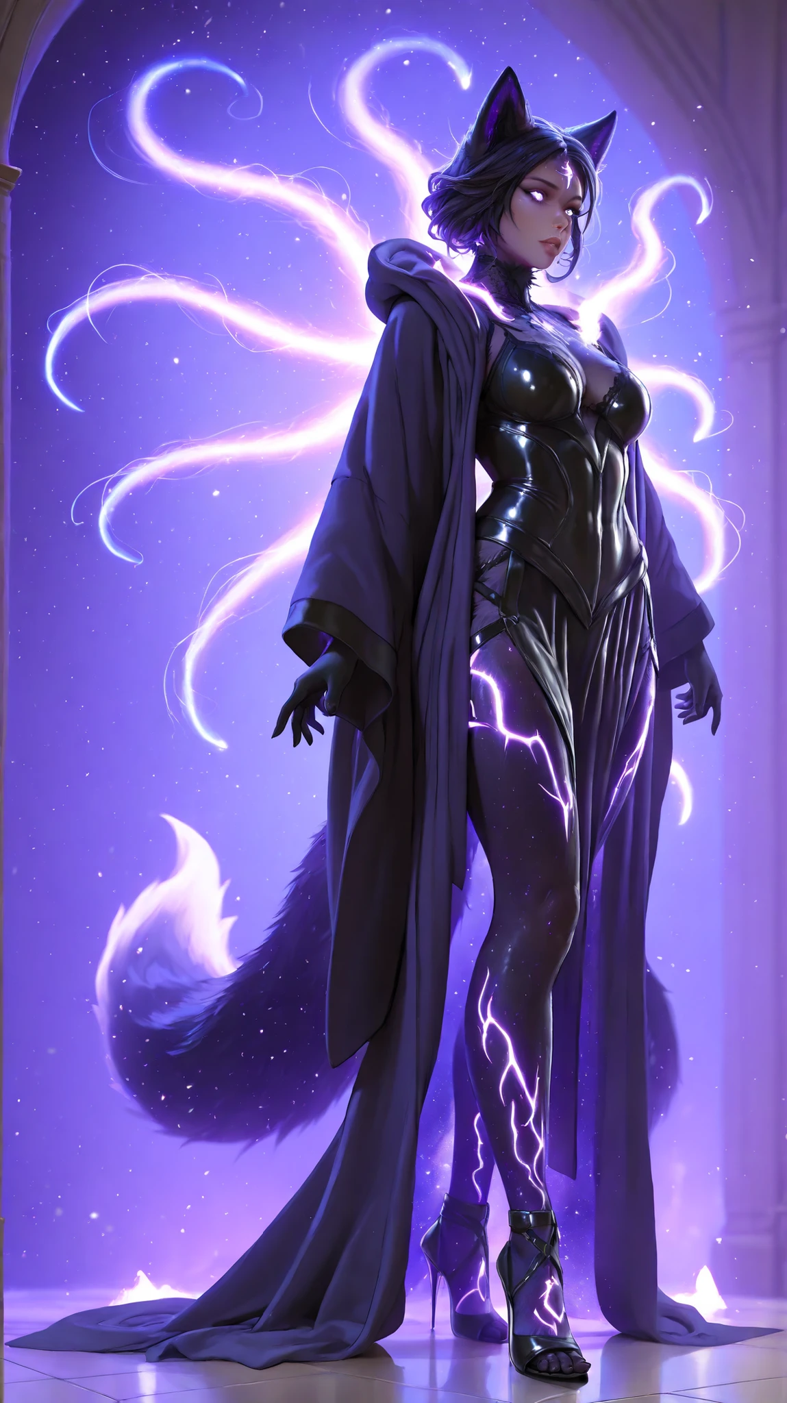 (best quality, 128k, highres, masterpiece:1.2), ultra-detailed, (realistic, photorealistic, photo-realistic:1.37), ((masterpiece)) ((photography)) ((Highest quality)) full-body photo of a Galactic furry style black fox Goddess, anthropomorphic celestial vixen with shimmering obsidian fur, glowing eyes like stars, wearing futuristic goddess leather and lace lingerie and opened robe with cosmic patterns, floating in a galaxy full of nebulae and constellations, ethereal light effects, ultra-detailed, fantasy-scifi fusion style, wearing stiletto heels made of crystalline stardust and dark metal, toes elegantly positioned, the floor beneath is a transparent, glowing energy platform swirling with cosmic light trails and star fragments