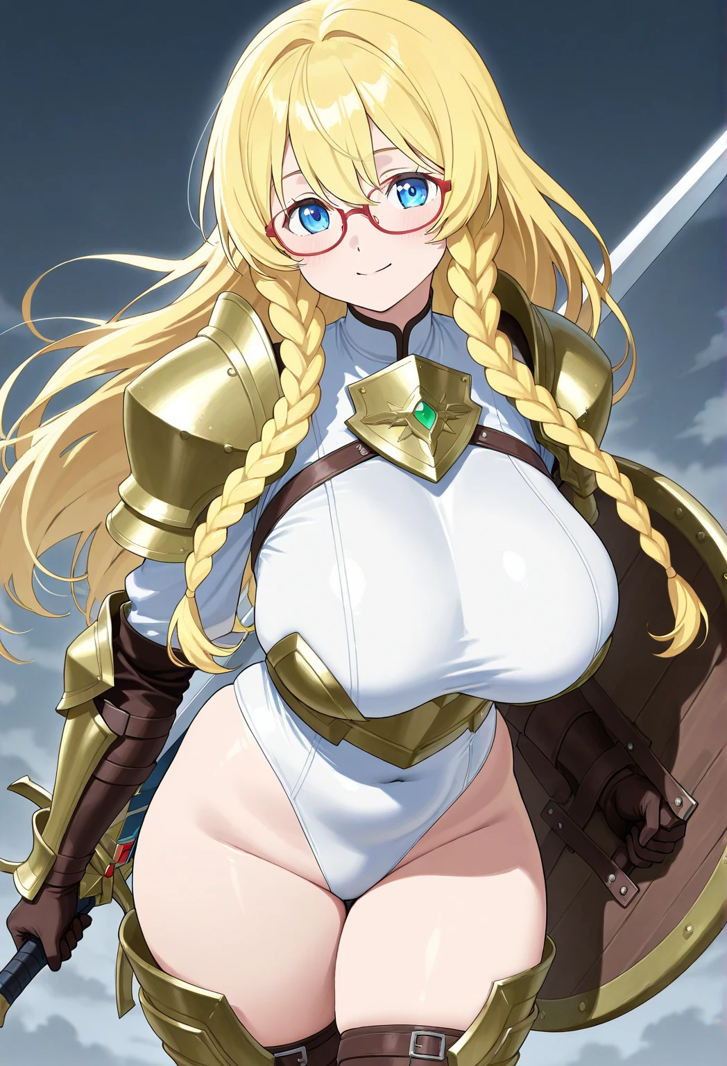 dress, brown cross-laced footwear, cleavage, black ribbon, clothing cutout, juliet sleeves, white thighhighs, meadow background, Satellizer L. Bridget, takeda hiromitsu style, anime cels style, best quality, high resolution, (huge breasts:1.2), cowboy shot, blush, smiling, (puple eyes), blonde hair, long hair, blue eye, semi rimless eyewear