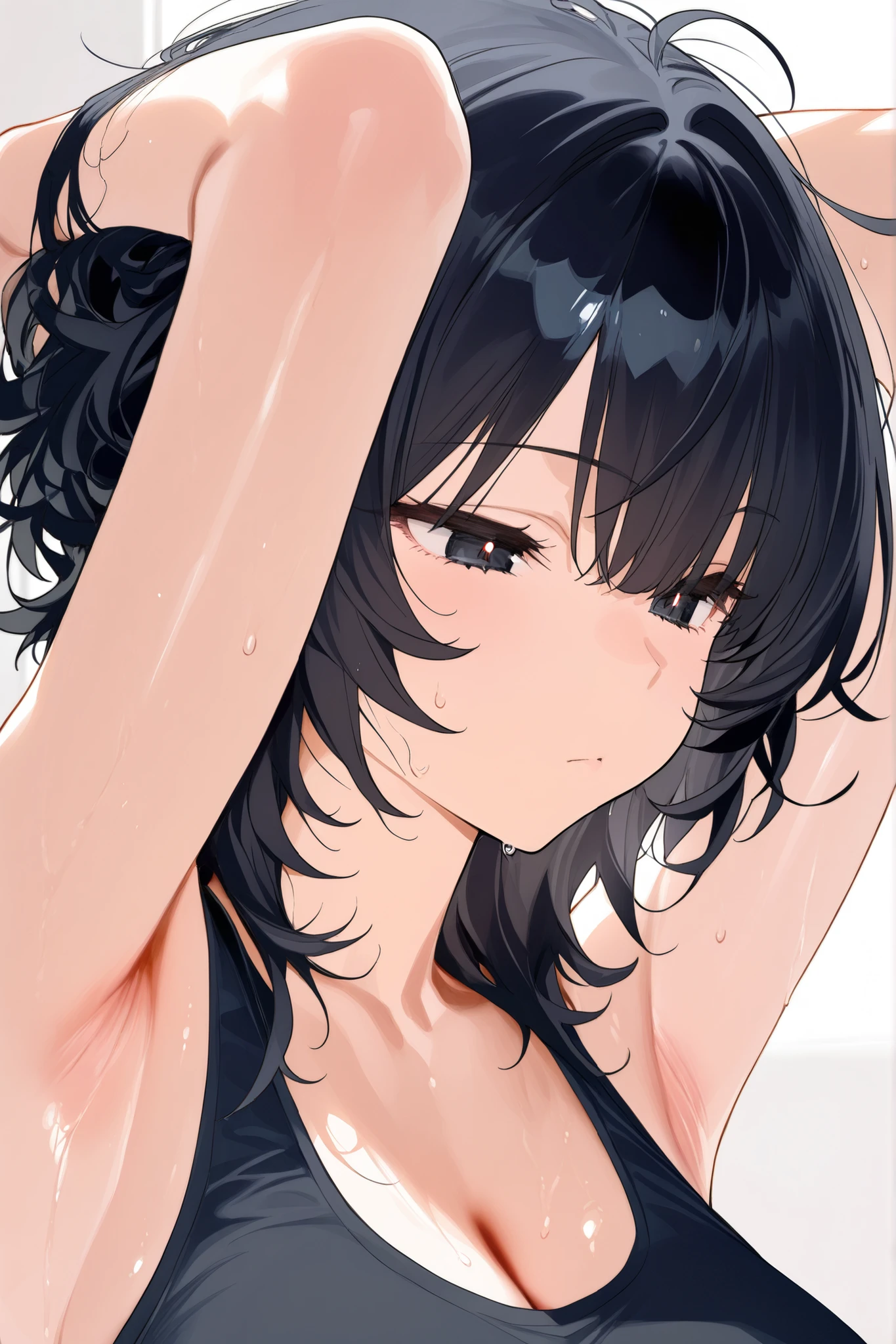 ((best quality)), ((masterpiece)), (detailed), ((anime)), ((white background)) 1girl, ((black eyes with dot red hue pupils)), (perfect circle shape eyes pupils) emotionless, (( slightly short messy thick disheveled black hair)) in the closet, crop top, arms upwardly, showing armpits, sweats, (portrait),