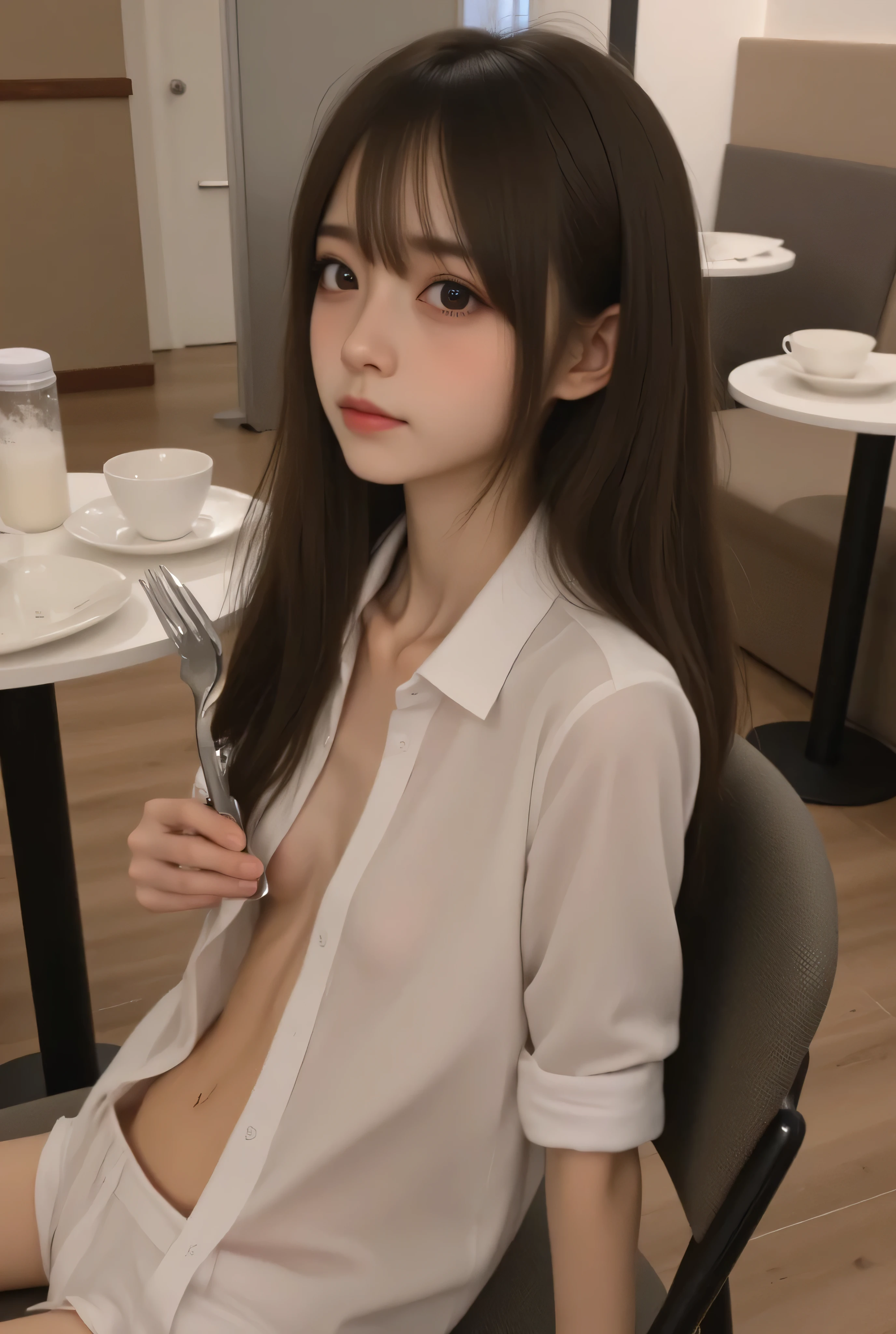 absurdres, (masterpiece, best quality), (ultra-detailed), extremely detailed,super high resolution, (Top Quality photorealistic Illustration), (Super Definition), (best quality,masterpiece:1.0),(cute illustration:1.3), (high Saturation:1.2), highres, ultra-detailed, 32k,8k resolution, intricate details, cinematic scene, detailed background, Soar (High chroma),(Sparkling),bathroom, BREAK (1 girl) (round face:1.6), (kawaii:1.6), (cute:1.6), Beautiful and delicate eyes, Delicate and beautiful face, Facial accents, Perfect figure,(open shirt:1.6), (show off nipples:1.6), (exposing bare breasts:1.3), (exposed chest:1.3), (no bra:1.3),(flat chest:1.6), (small nipples:1.2), (small areolas:1.2),Uniforms、bright expression、poneyTail、Young shiny shiny white shiny skin、Best Looks、Natural black hair with dazzling highlights、shiny light hair,、Super long silky straight hair、Beautiful bangs that shine、Double eyelids、eye liner、Glowing crystal clear attractive big brown eyes、Very beautiful nice cute 14 year old Nordic girl、