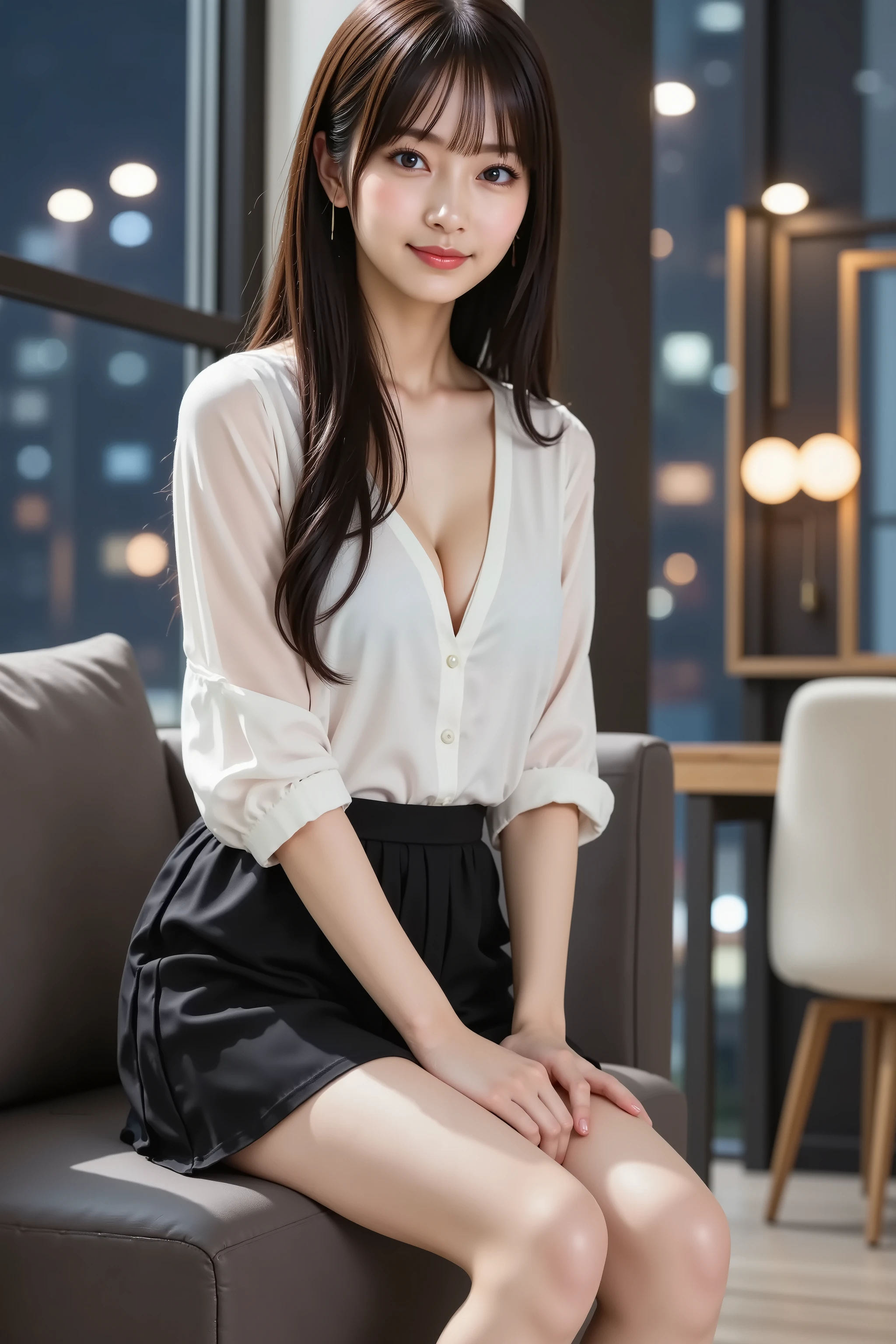 Tabletop、supreme beauty、masterpiece, 1 girl, solo, (Stock Highlight 1.3)、(Sit on a chair with your legs apart in front of the audience)、(With legs wide open)、(Showing off your crotch)、(Blouse 1.3)、(Panties 1.3),Slender、1 Girl,Japanese,line up,Laughter,Dynamic Angle、 Attention to detail, Depth of written boundary, 135mm, Textured skin, Super detailed, high quality, Awards, 最high quality, High resolution, 8K, White skin,Idol,sunlight,stylish,Beautiful breasts、Perfect composition、最high quality、Very detailed、masterpiece、Slender body、Cute face、Big smile、 Beauty、Age 25、Per capita in Japan,office,sit deeply in a chair、Sitting、(Facing forward 1.3)、Spread your legs、Remote meetings,(Low angle 1.3),Composition looking up from below