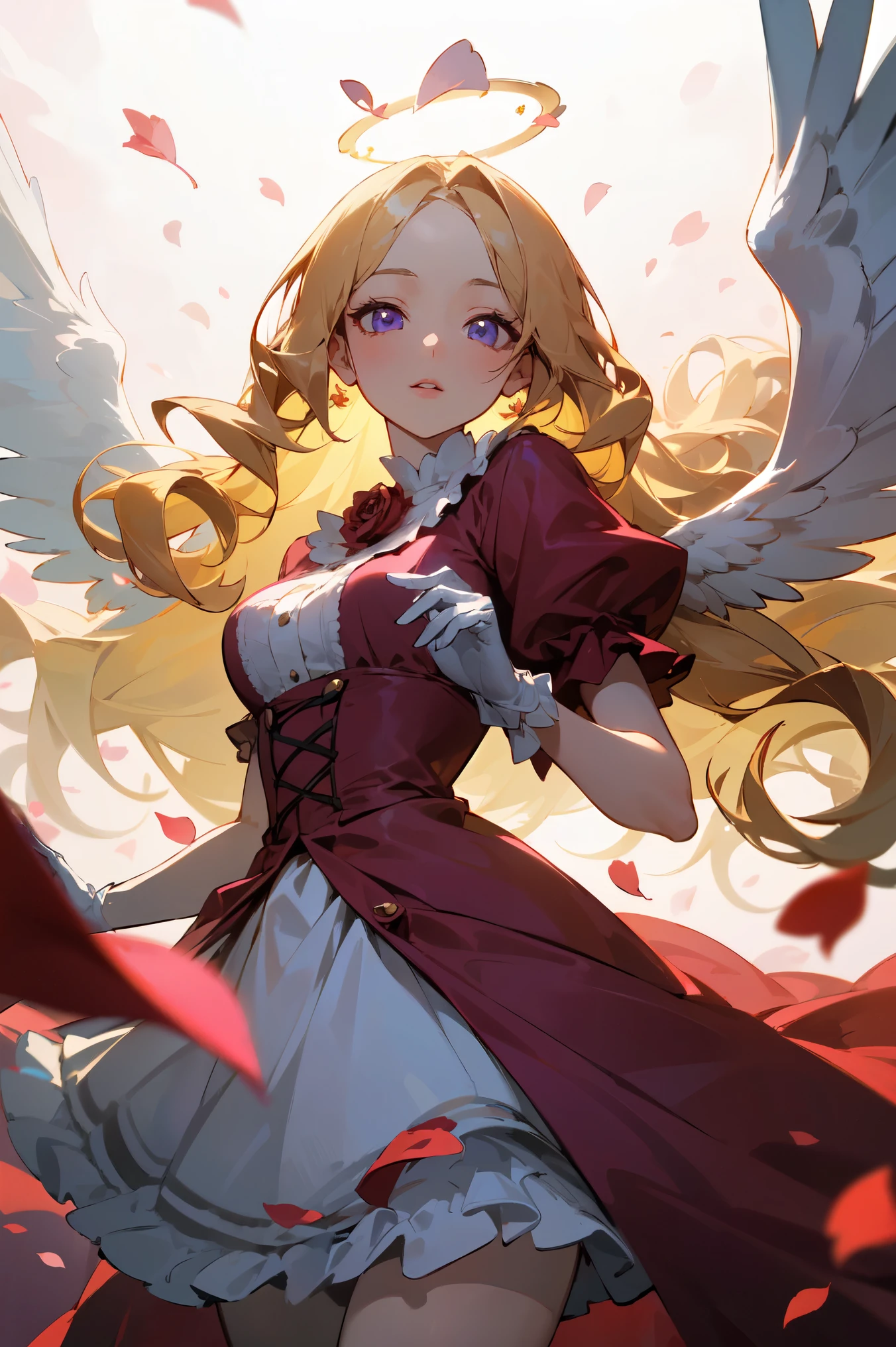 (masterpiece, high detailed, best quality:1.3), (cowboy shot), portrait, dutch angle, looking at viewer, 1girl, beautiful, golden hair, very long hair, wavy hair, hair flowers, parted bangs, (floating hair), purple eyes, beautiful eyes, pretty lips, (lolita fashion), (pink dress), white gloves, angle wings, white wings, golden halo, standing, (arms behind back), ((rose petals, falling petals)), rose background, (sparkling, ray of sunlight), soft lighting, vibrant light, fbokeh, depth of field, absurdres