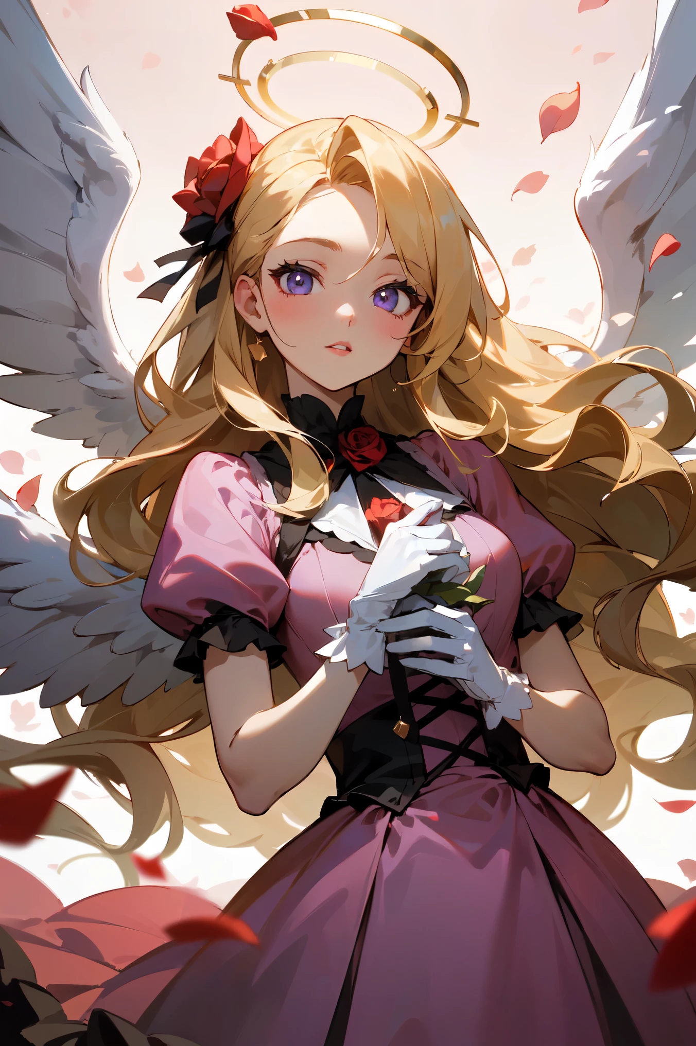 (masterpiece, high detailed, best quality:1.3), (cowboy shot), portrait, dutch angle, looking at viewer, 1girl, beautiful, golden hair, very long hair, wavy hair, hair flowers, parted bangs, (floating hair), purple eyes, beautiful eyes, pretty lips, (lolita fashion), (pink dress), white gloves, angle wings, white wings, golden halo, standing, (arms behind back), ((rose petals, falling petals)), rose background, (sparkling, ray of sunlight), soft lighting, vibrant light, fbokeh, depth of field, absurdres