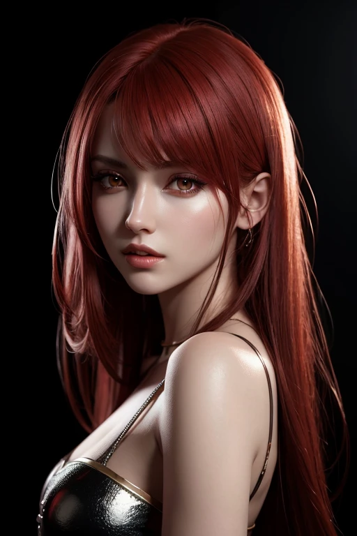 1 girl, Star Eyes, blush, perfect lighting, Red hair, red eyes, Unreal Engine, side light, Detailed face, Bangs, bright skin, simple background, dark background, 