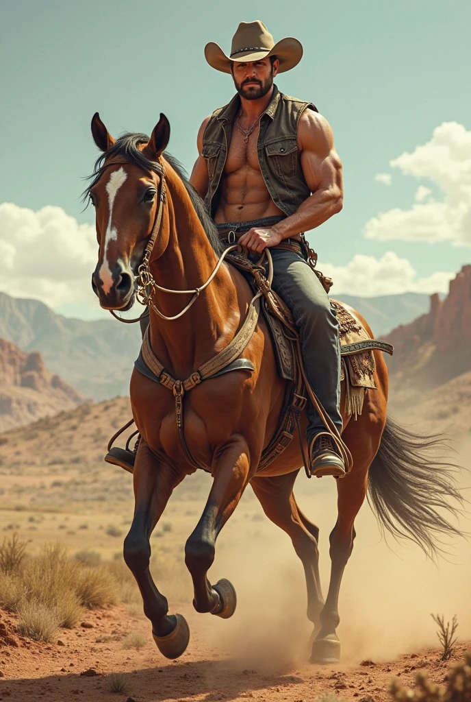 A SHIRTLESS MAN RIDING A HORSE.