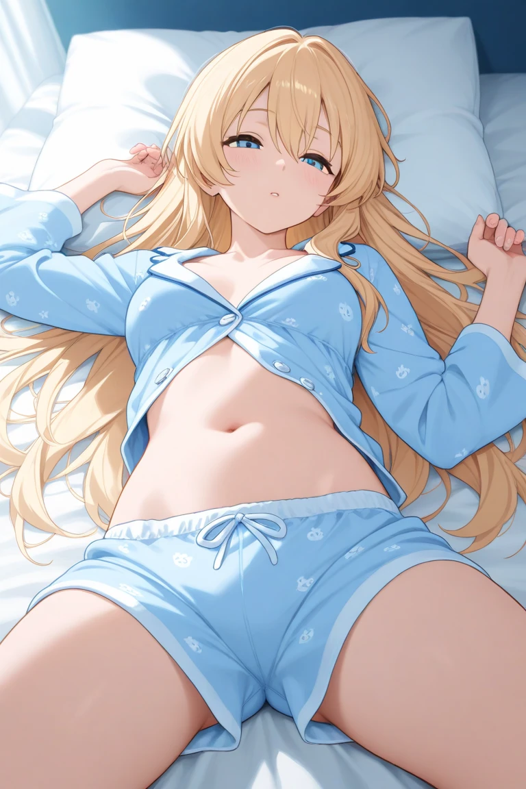(Masterpiece, Photorealistic, high resolution), ((1girll):1.2), teenage girl, (tankTop bra, Blue Laces underwear (medium of breast):1.2, thighs), Lying on the bed, Blue Dolphin panty, Sexy figure, Intensely blushing. Lying on bed, Cameltoe, Stockings, Hot juicy Lips, sleep style or position, Laces underwear, holding breasts