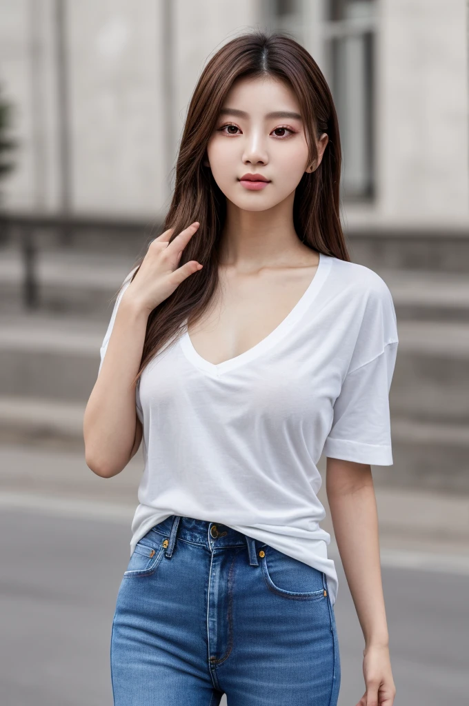 A perfect young female in over size t-shirt and hight waist jean,  in the coffee, CG rendering, Blurred background, deep shadow,  16K, bokered,   Very detailed, wallpaper, depth of field, movie light,, Ray tracing.