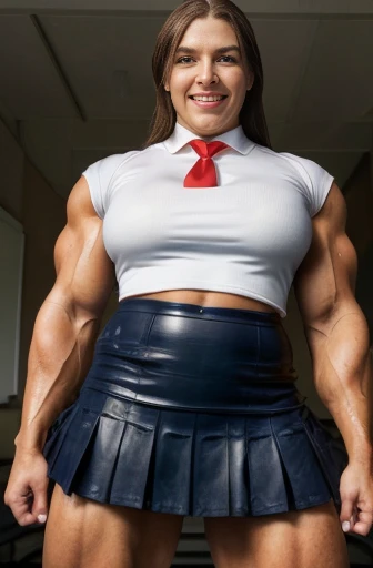 Shiny silk clothes, Resident evil, Viewed from below, dtamatic lighting, Ms Olympia giant Ashley banks, photoshoot studio quality lighting, heavily muscled iffb pro female bodybuilder , humongous muscular chest,((school uniforms:1.4)) ( ((high school)),((white shirt)), ((red tie)), ((dark blue skirt:1.3)) ((in the class room:1.3)) ((thin_fabric:1.4)) ((random pose:1.3)) ((sweaty:1.5))((face is flushed:1.4)) ((big muscles:1.4)) ((close-up:1.2)) best quality,masterpiece,ultra high res,(photorealistic:1.4),raw photo,(Authentic skin texture:1.3),(film grain:1.3),panorama,character portrait,very wide shot,narrow waist,cowboy shot,(in the dark, deep shadow, low key, cold light,) night,streaming tears,,dust,Tyndall effect,(expression),beautiful detailed eyes and face,white jabot,brown eyes,((brown hair:1.2)) ((full body:1.3)) ((smile:1.3))
