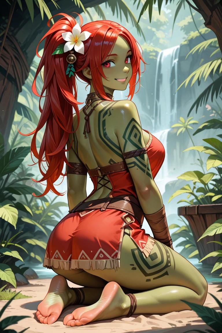 8K, Full HD. A beautiful indigenous girl in native with feathers and feathers on her head, Amazonian indigenous peoples in Brazil, beautiful attractive brunette woman sexy native brazilian female,tanned skin very long red hair with blonde tips, Eyes red, paint your face, Indian, leather straps wrapped around the thighs, high qualiy. Amazon rainforest and river bottom. bright coloured, cinematic lighting. detailded, intricate, detailded face.He&#39;s wearing a red musketeer outfit, with a cape on the left shoulder in red with gold details