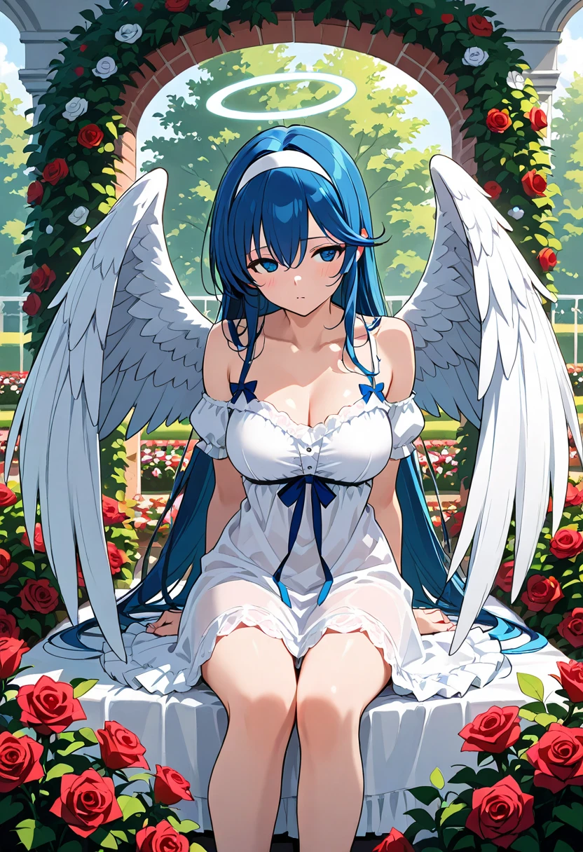 angelic style anime girl,with a voluptuous body and a large bust in a white dress with low necklines and bare shoulders. Long dark blue hair with a white lock. sky blue eyes and an angry look looking up while sitting on the floor