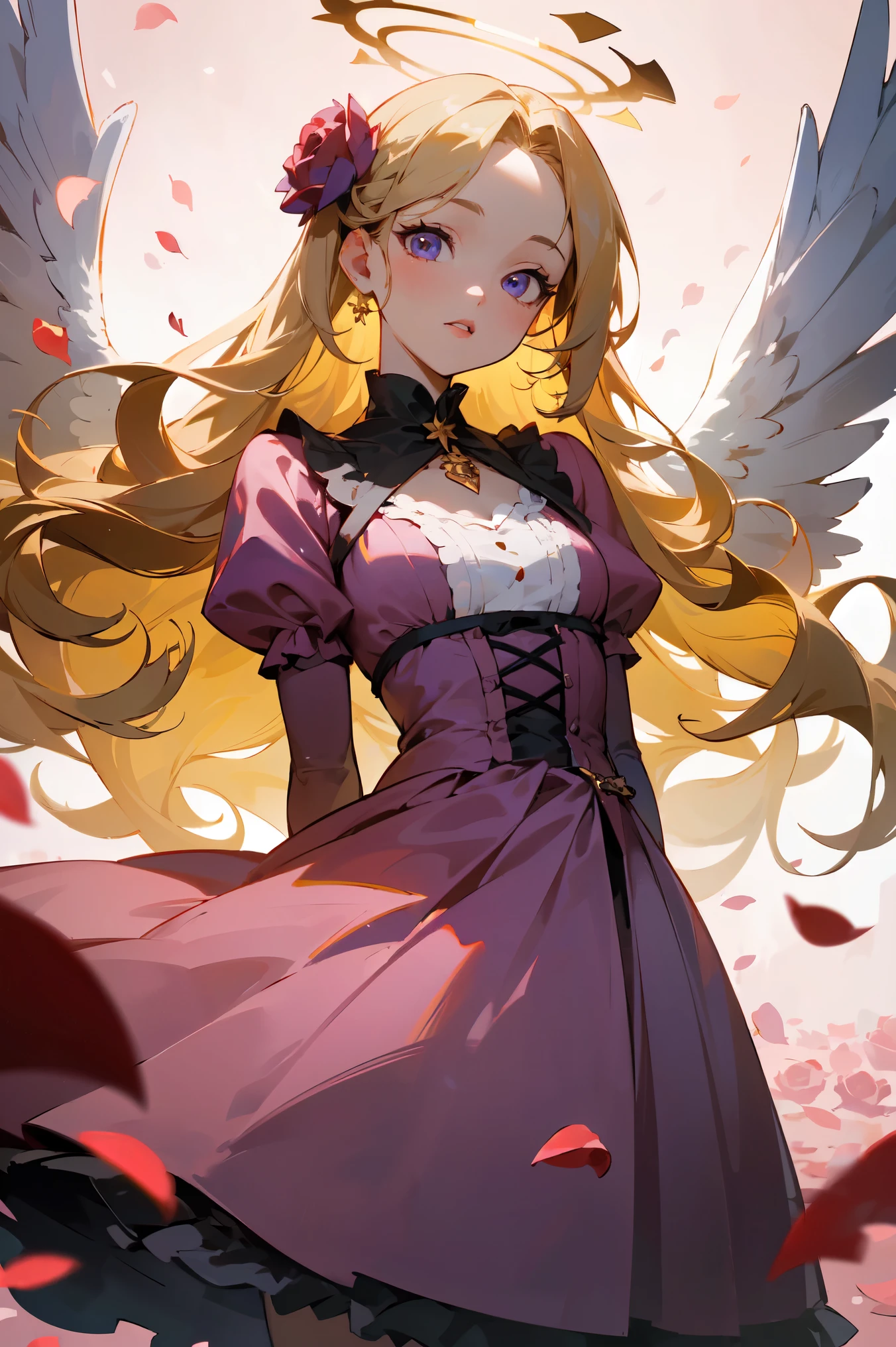 (masterpiece, high detailed, best quality:1.3), (cowboy shot), portrait, dutch angle, looking at viewer, 1girl, beautiful, golden hair, very long hair, wavy hair, hair flowers, parted bangs, (floating hair), purple eyes, beautiful eyes, pretty lips, (lolita fashion), (pink dress), white gloves, angle wings, white wings, golden halo, standing, (arms behind back), ((rose petals, falling petals)), rose background, (sparkling, ray of sunlight), soft lighting, vibrant light, fbokeh, depth of field, absurdres