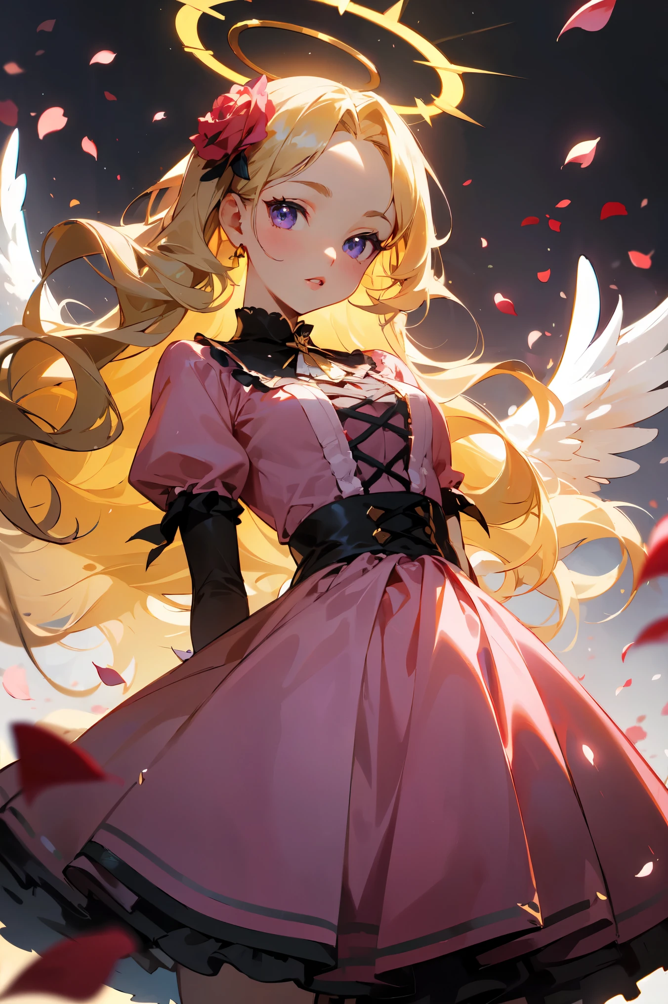 (masterpiece, high detailed, best quality:1.3), (cowboy shot), portrait, dutch angle, looking at viewer, 1girl, beautiful, golden hair, very long hair, wavy hair, hair flowers, parted bangs, (floating hair), purple eyes, beautiful eyes, pretty lips, (lolita fashion), (pink dress), white gloves, angle wings, white wings, golden halo, standing, (arms behind back), ((rose petals, falling petals)), rose background, (sparkling, ray of sunlight), soft lighting, vibrant light, fbokeh, depth of field, absurdres