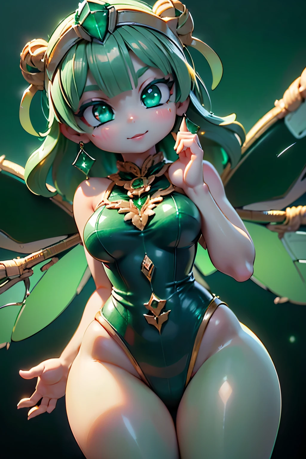 prismatic coloration, holographic environment, young African girl, Deep black skin, Beautiful, elven ears, serious glare, ponytails, deep green hair, Heterochromia with deep one eye green & one eye Gold, D-cup, lithe, fit, Modest-attire, full-body, slender legs, beautiful eyes, freckles, leaf green eyebrows, (long straight prismatic reindeer_antlers:1.2), wielding light magic, Battle stance, grassy aura, mythic flowing Black-Purple-Green cloak with Golden Floral designs, Safe-For-Work