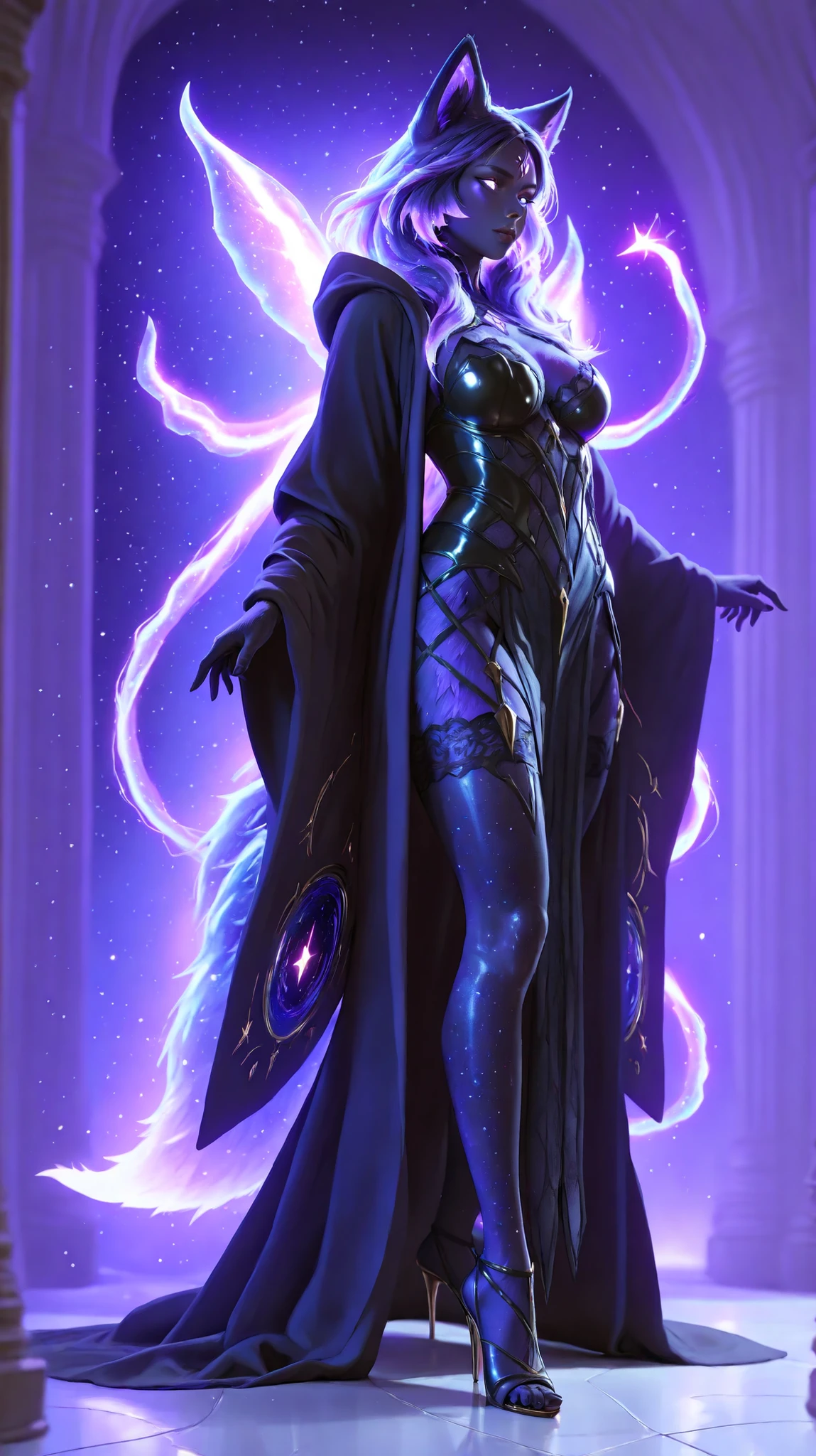 (best quality, 128k, highres, masterpiece:1.2), ultra-detailed, (realistic, photorealistic, photo-realistic:1.37), ((masterpiece)) ((photography)) ((Highest quality)) full-body photo of a Galactic furry style black fox Goddess, anthropomorphic celestial vixen with shimmering obsidian fur, glowing eyes like stars, wearing futuristic goddess leather and lace lingerie and opened robe with cosmic patterns, floating in a galaxy full of nebulae and constellations, ethereal light effects, ultra-detailed, fantasy-scifi fusion style, wearing stiletto heels made of crystalline stardust and dark metal, toes elegantly positioned, the floor beneath is a transparent, glowing energy platform swirling with cosmic light trails and star fragments