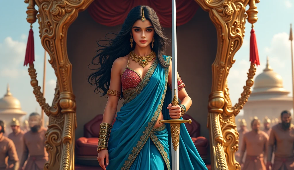 An indian women in ancient war saree dress,hair are knotted beautifully,eyes are dark and big,forhead is coloured as red and one bindi is there.Holding Sword in ine hand and shield in one hand