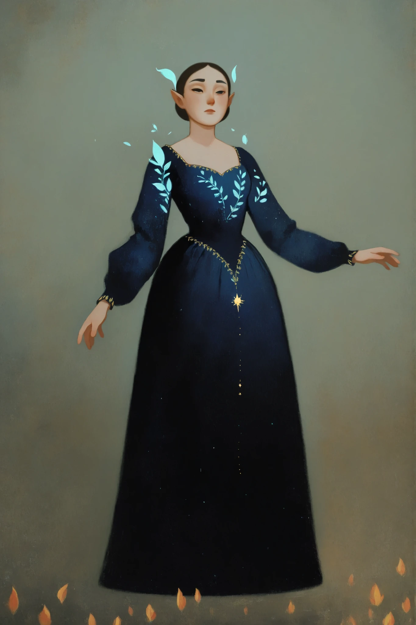 drki, hyper detailed painting of a dress, medieval dress, detailed clothing, ethereal glow, surreal lighting, soft expression, mystical fantasy aesthetic, painterly illustration, gouache painting, soft lighting illustration, 2d art, delicate background, masterpiece, best quality