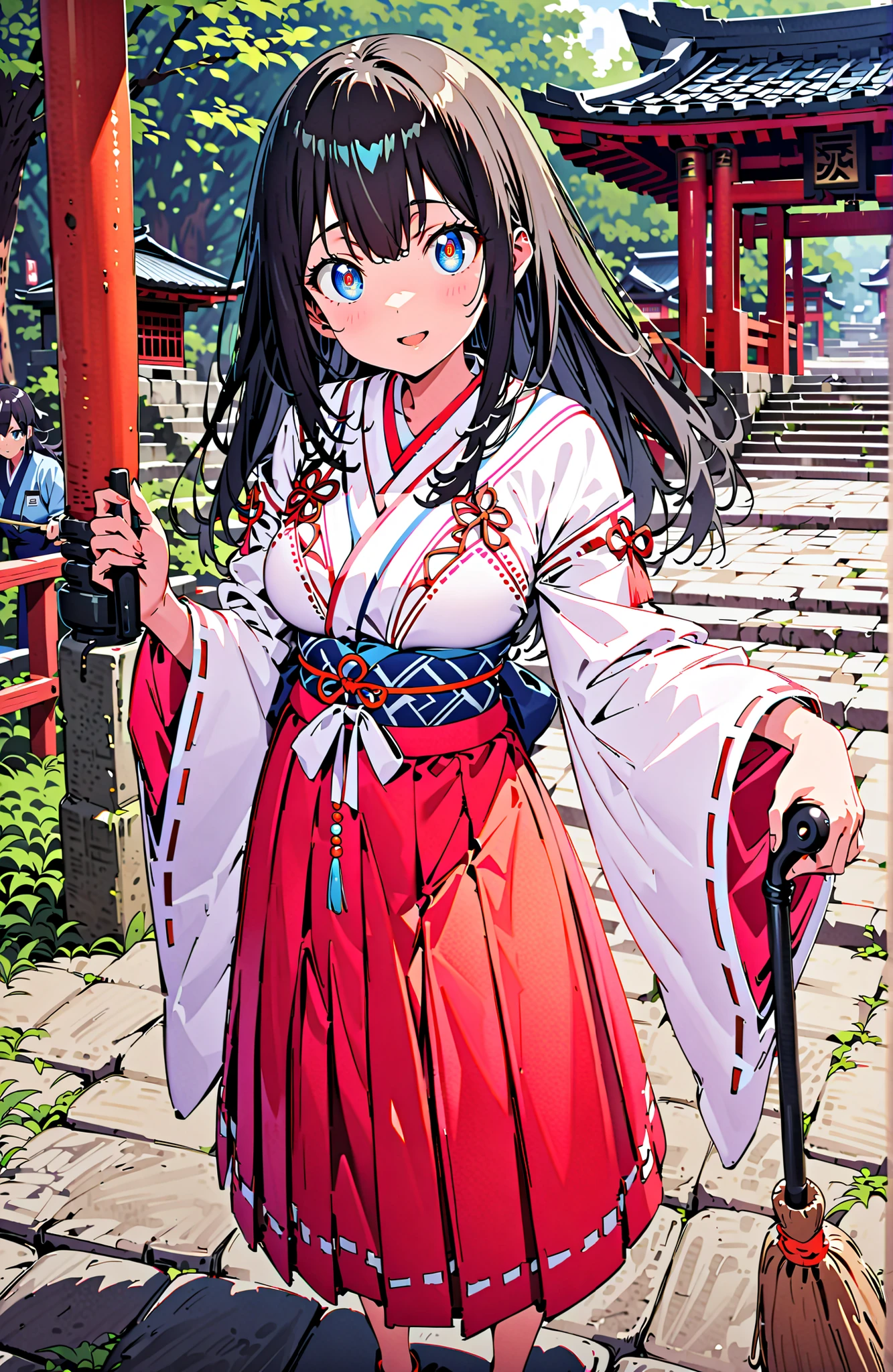 score_9, score_8_up, score_7_up, source_anime,It's because of Rikkata, black hair with a young pattern, blue eyes, long hair , smile,cover,Open Your Mouth,Orange wrist scrunch, Shrine maiden, kimono, object, Red Hakama Skirt , Wide Sleeves, long sleeve, ribbon trim sleeve,holding a broom grip with both hands,cleaning, standing on a stone staircase,noon,full bodyがillustrationsに入るように,break outdoors, shrine,
break looking at viewer,full body,
break (masterpiece:1.2), Best Quality, high resolution, Unity 8k 壁紙, (illustrations:0.8), (beautiful detailed eyes:1.6), very detailed face, so that it fits into the illustration, Extremely Detailed CG, (perfect hand, perfect anatomy),