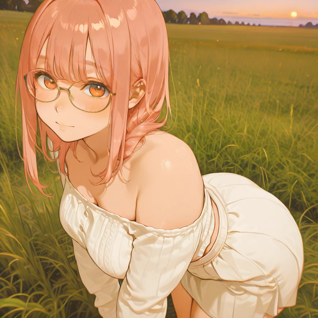 A detailed anime-style illustration of a charming literary girl Grok-chan in a bending pose, viewed from the side. She has loose wavy long pink hair flowing naturally and swaying gently in the wind, with black-rimmed glasses adding an intellectual touch. She wears a light blue off-shoulder top and a white flared skirt, subtly highlighting her C-cup chest and plump, curvaceous buttocks as she bends forward. Her cheeks are softly flushed, and her large eyes carry a gentle expression. The background features a lush grass field bathed in the warm orange glow of evening light, with soft shadows and a serene natural atmosphere. 4k resolution, realistic textures on her hair, clothing, and grass, warm orange lighting, detailed outdoor setting, anime art style, SFW focus.