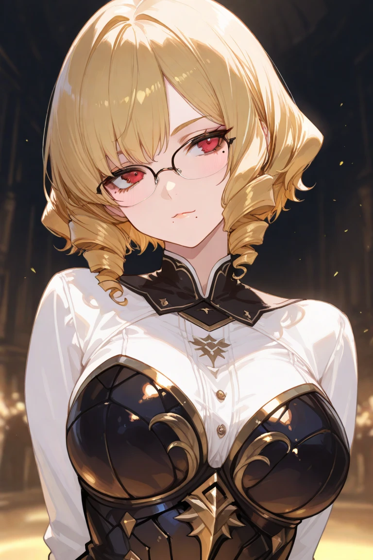 tall woman, volumptious boy, long blonde hair, glasses, seductive smile, evil smile, evil eyes, yellow eyes, white military uniform, white coat hanging on the shoulder