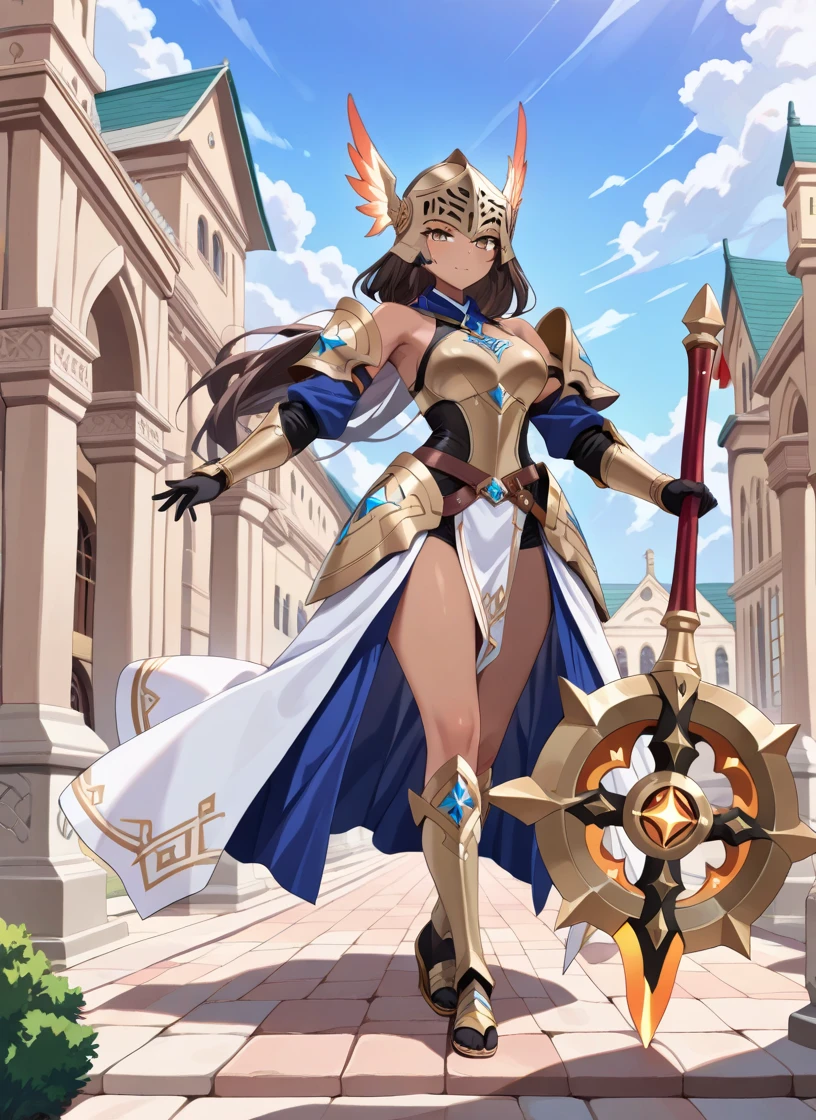 A woman adorned in fantasy-style full-body armor, a crown-concept fully enclosed helmet that unveils only her eyes, a composite layered chest plate, fully encompassing shoulder and hand guards, a lightweight waist armor, form-fitting shin guards, the overall design is heavy-duty yet flexible, (the armor gleams with a golden glow, complemented by red and blue accents), exhibiting a noble aura, she floats above a fantasy-surreal high-tech city, this character embodies a finely crafted fantasy-surreal style armored hero in anime style, exquisite and mature manga art style, (mixture of Queen bee and Spider concept Armor, plasma), ((Element, elegant, goddess, femminine:1.5)), metallic, high definition, best quality, highres, ultra-detailed, ultra-fine painting, extremely delicate, professional, anatomically correct, symmetrical face, extremely detailed eyes and face, high quality eyes, creativity, RAW photo, UHD, 32k, Natural light, cinematic lighting, masterpiece-anatomy-perfect, masterpiece:1.5