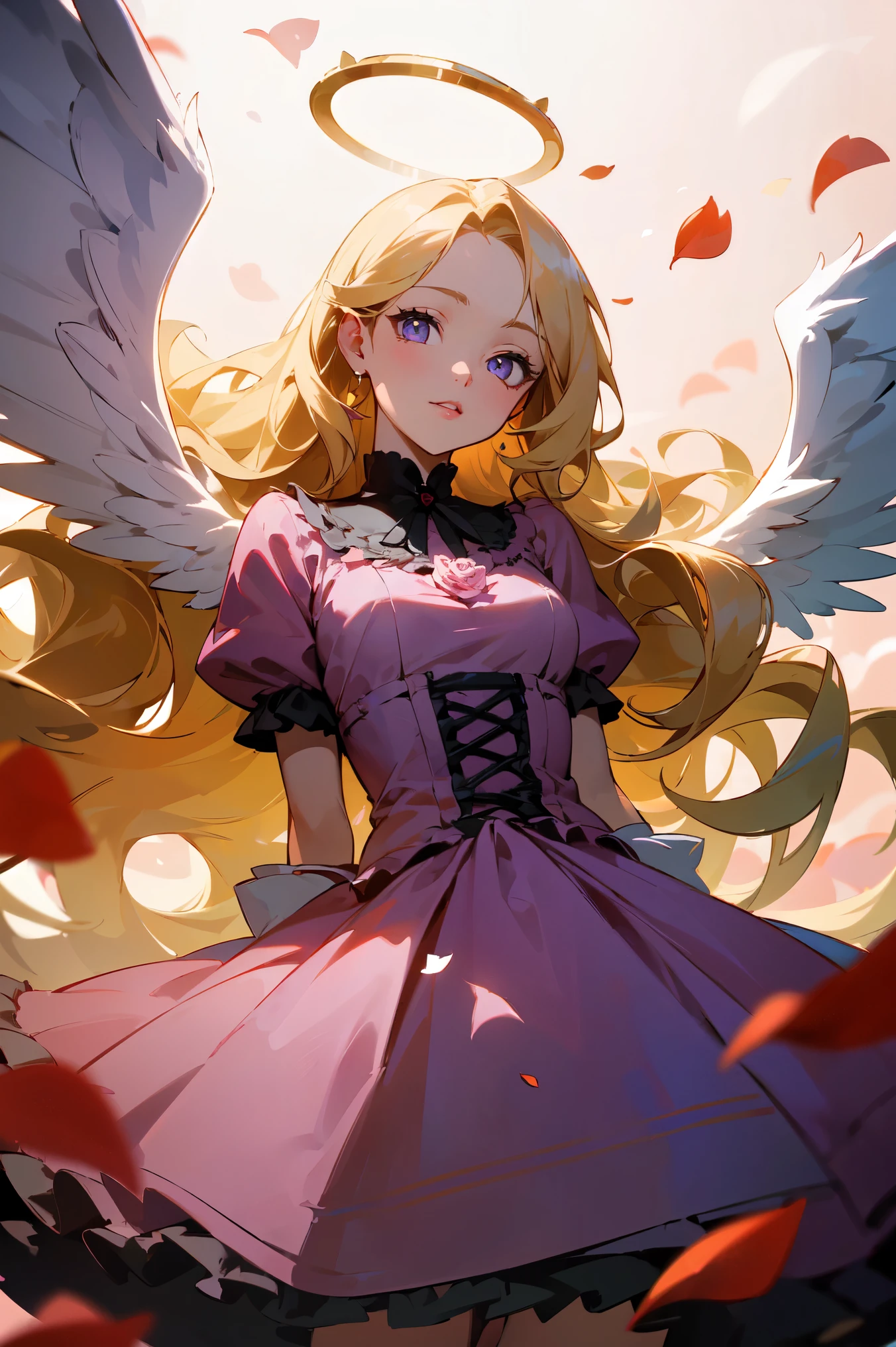 (masterpiece, high detailed, best quality:1.3), (cowboy shot), portrait, dutch angle, looking at viewer, 1girl, beautiful, golden hair, very long hair, wavy hair, hair flowers, parted bangs, (floating hair), purple eyes, beautiful eyes, pretty lips, (lolita fashion), (pink dress), white gloves, angle wings, white wings, golden halo, standing, (arms behind back), ((rose petals, falling petals)), rose background, (sparkling, ray of sunlight), soft lighting, vibrant light, fbokeh, depth of field, absurdres