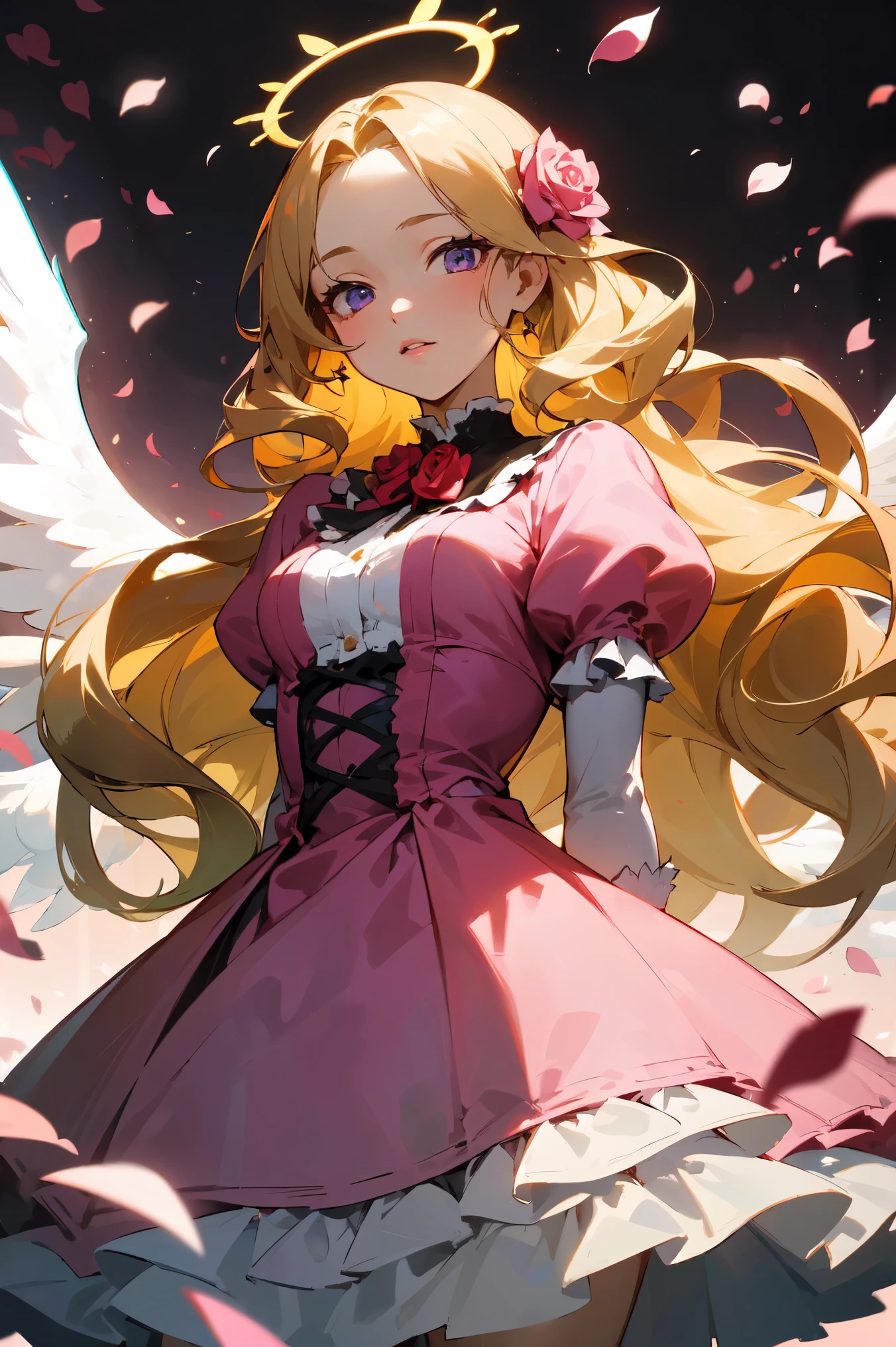 (masterpiece, high detailed, best quality:1.3), (cowboy shot), portrait, dutch angle, looking at viewer, 1girl, beautiful, golden hair, very long hair, wavy hair, hair flowers, parted bangs, (floating hair), purple eyes, beautiful eyes, pretty lips, (lolita fashion), (pink dress), white gloves, angle wings, white wings, golden halo, standing, (arms behind back), ((rose petals, falling petals)), rose background, (sparkling, ray of sunlight), soft lighting, vibrant light, fbokeh, depth of field, absurdres